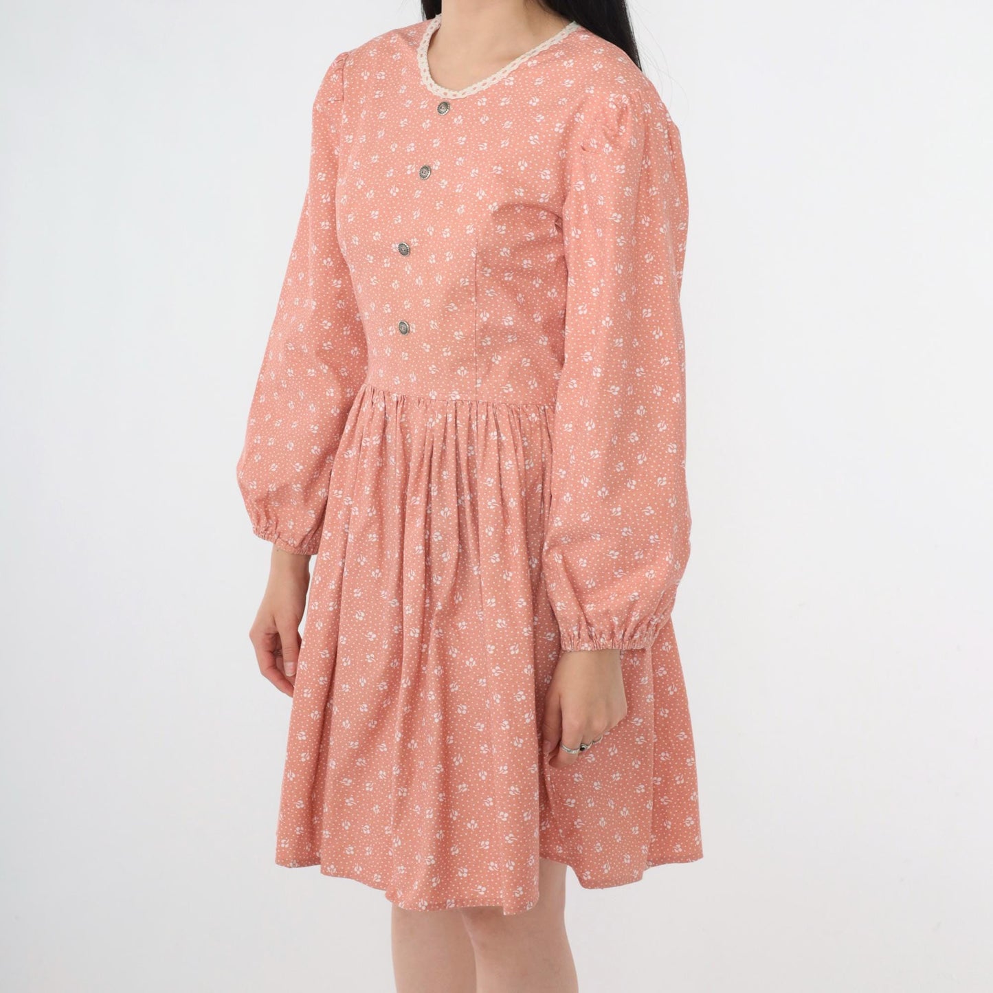 70s Peach Calico Floral Mini Dress Puff Sleeve High Waist Small