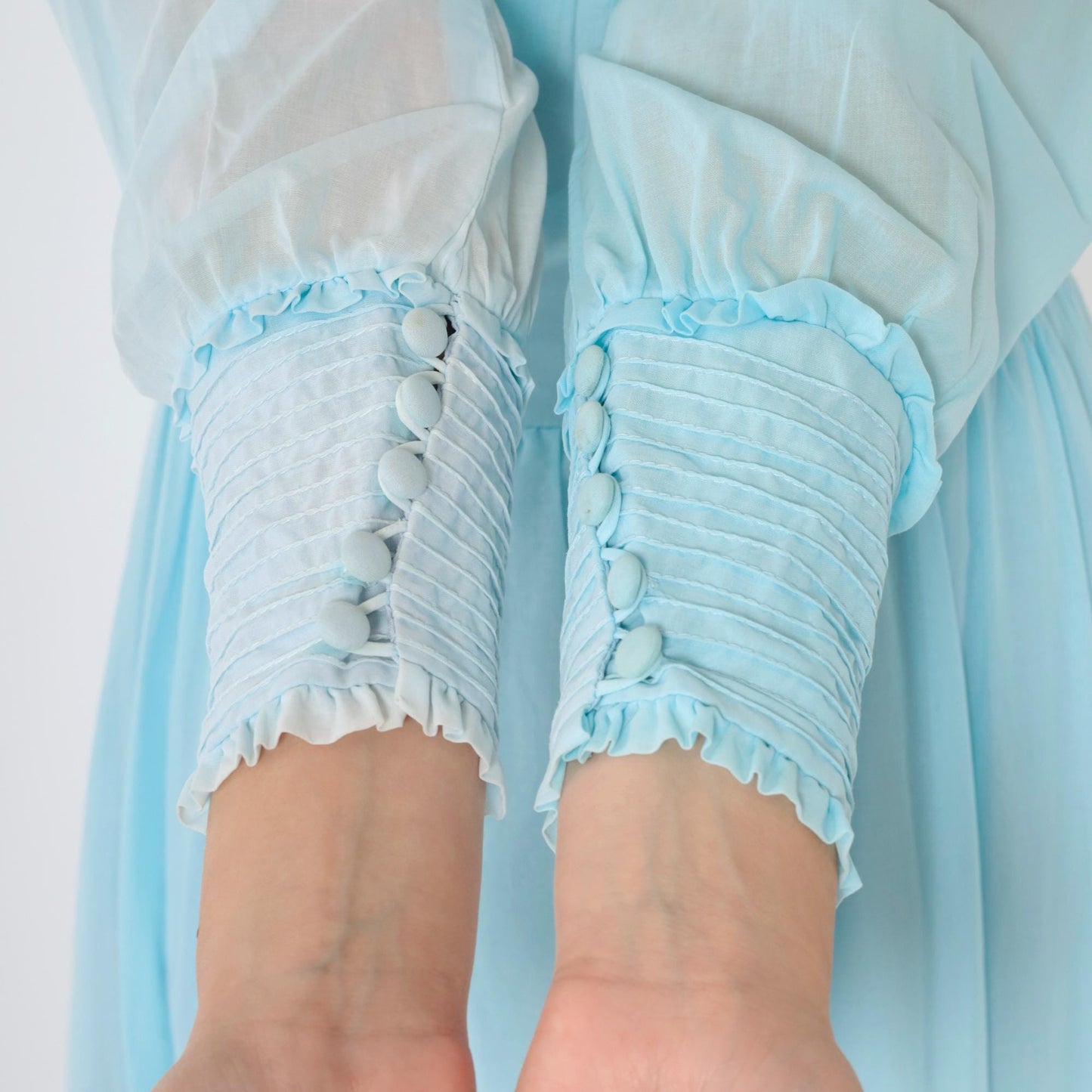 1970s Baby Blue Maxi Dress High Waist Scoop Neck Long Sleeve Ruffled Small