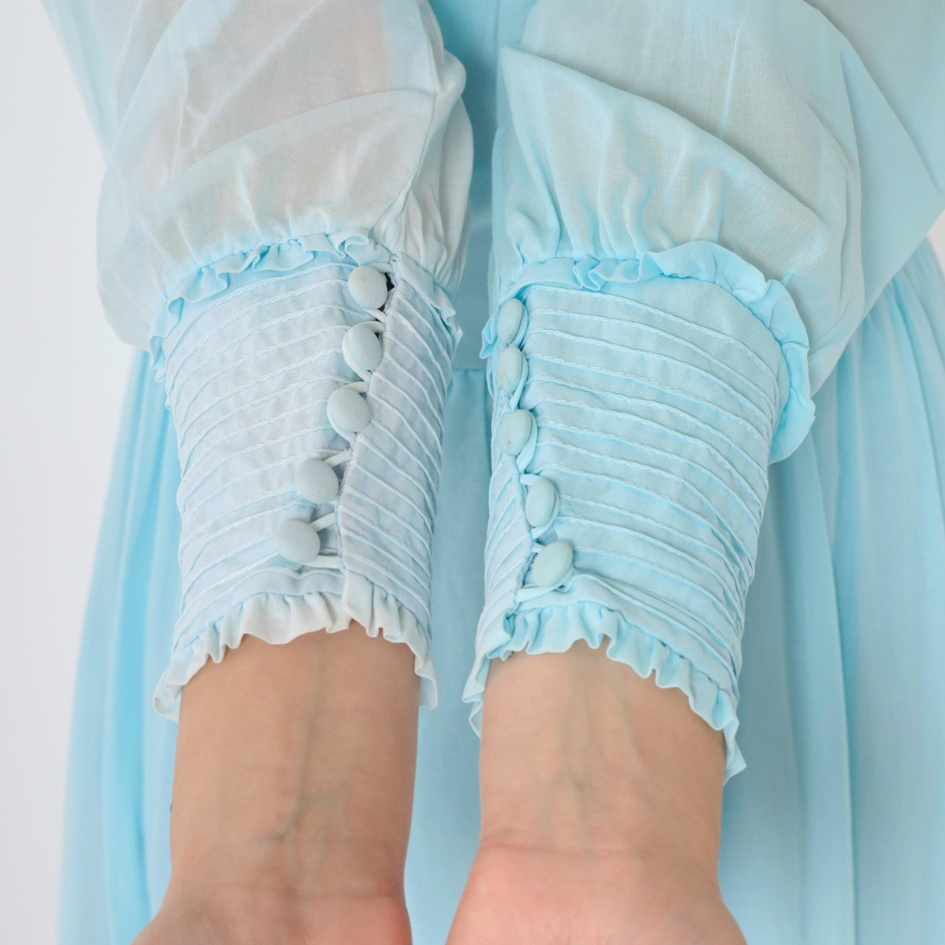 1970s Baby Blue Maxi Dress High Waist Scoop Neck Long Sleeve Ruffled Small