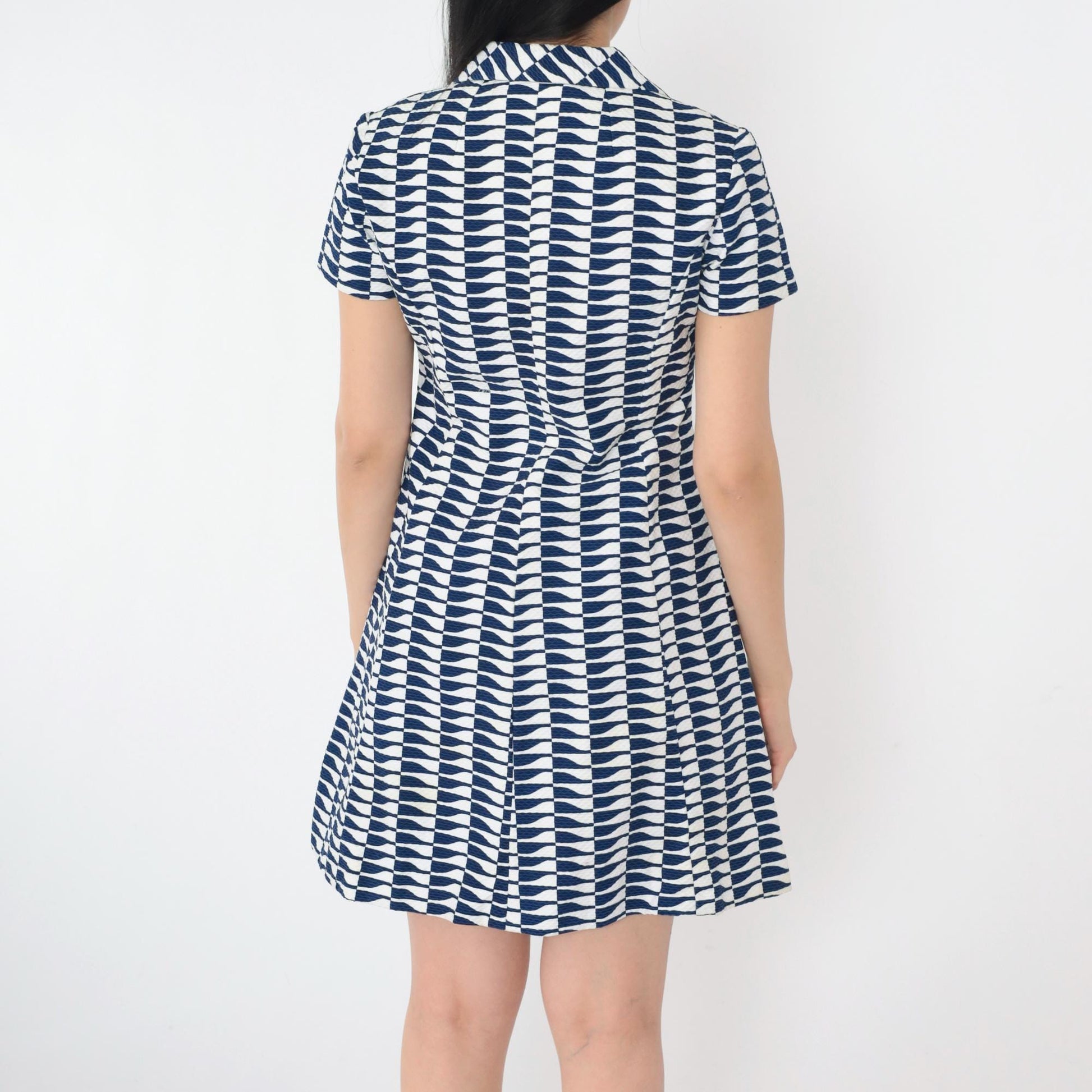 60s Mod Mini Dress Op Art Print A-Line Button Up Navy White Small