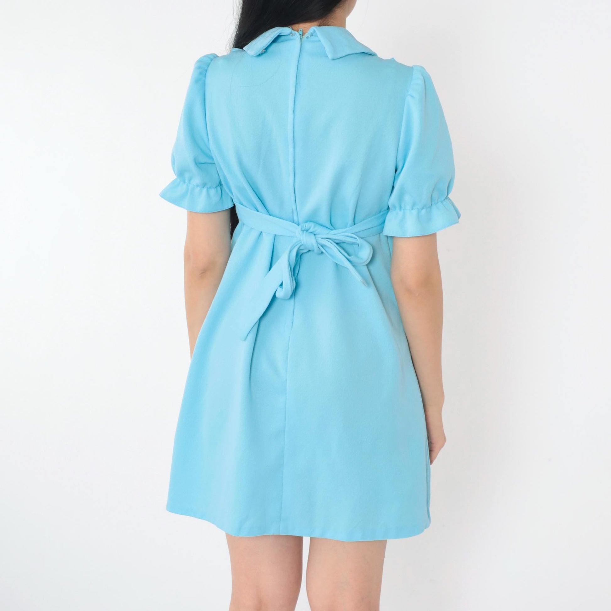1970s Babydoll Mini Dress Empire Waist Puff Sleeve Blue Embroidered Bib Small
