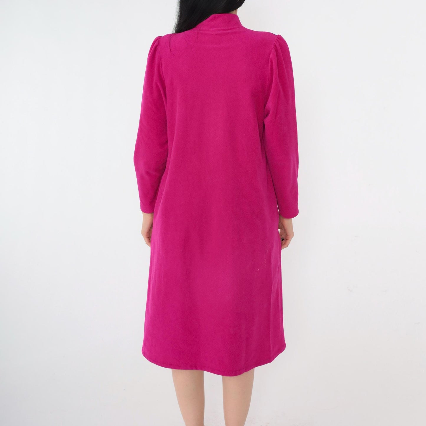 80s Vassarette Velour Lounge Dress Fuchsia Color Block Midi Zip Front Medium M