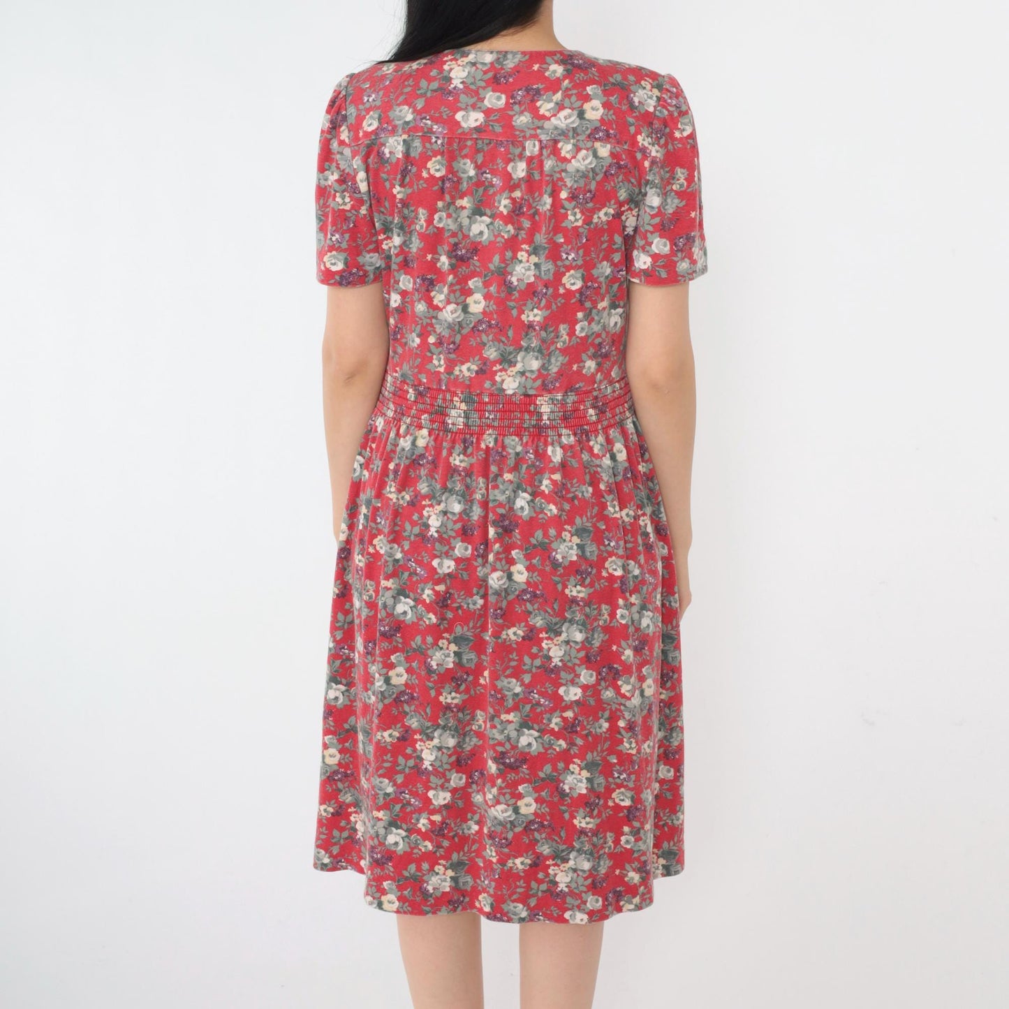 80s Red Floral Midi Dress Puff Sleeve Smocked Waist Extra Small