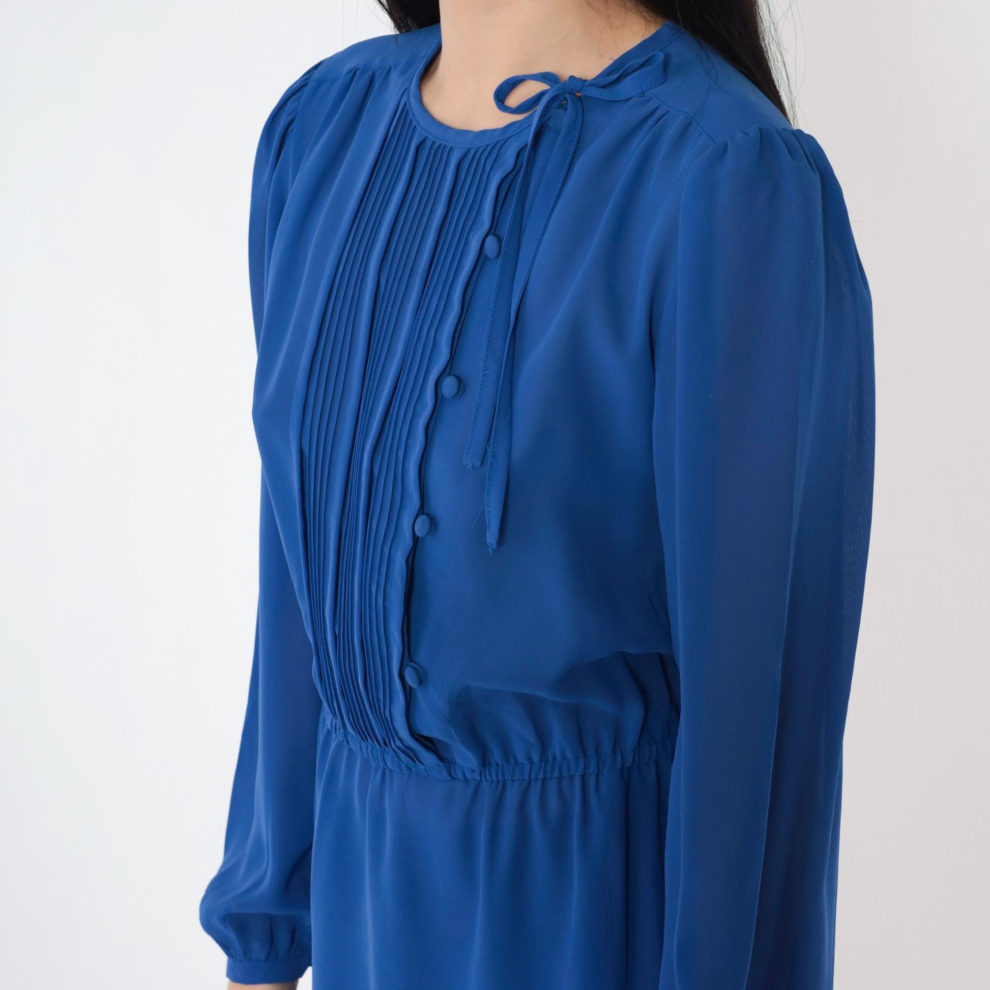 80s Sheer Blue Shirtwaist Midi Dress Puff Sleeve High Waist Small Medium