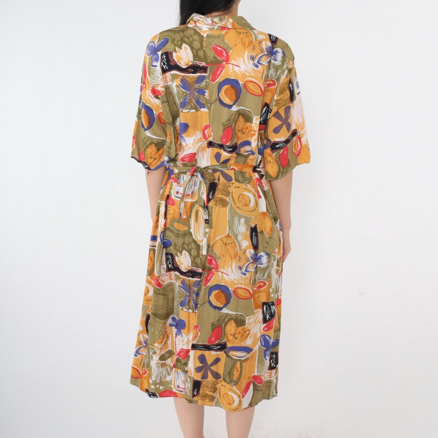 90s Abstract Floral Midi Shirt Dress Button Up Rayon Olive Green Yellow Large