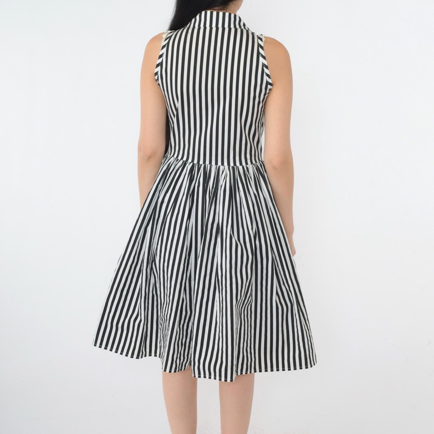 Y2K Black White Striped Shirtdress Knee Length Sleeveless High Waist Extra Small