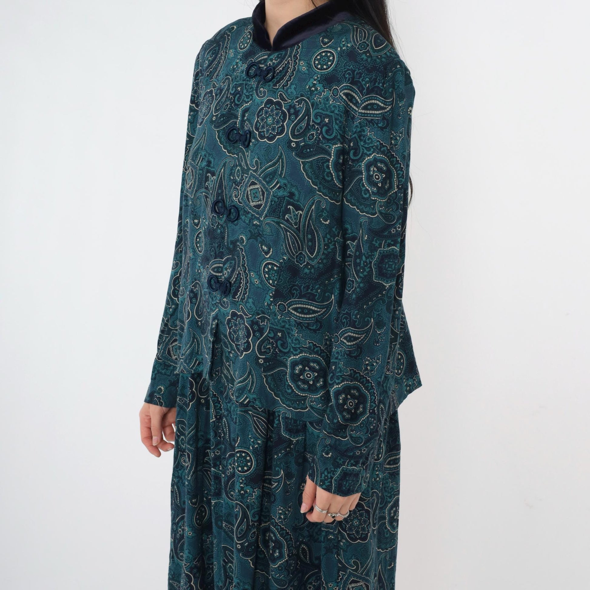 90s Blue Paisley Mandarin Collar Maxi Dress Puff Sleeve Frog Closure Medium Large