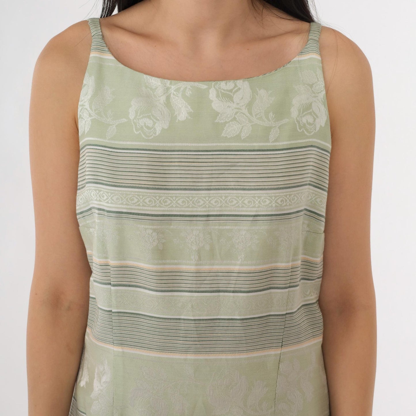 Y2K Fashion Bug Jacquard Mini Dress Light Green Floral Striped Sheath Medium