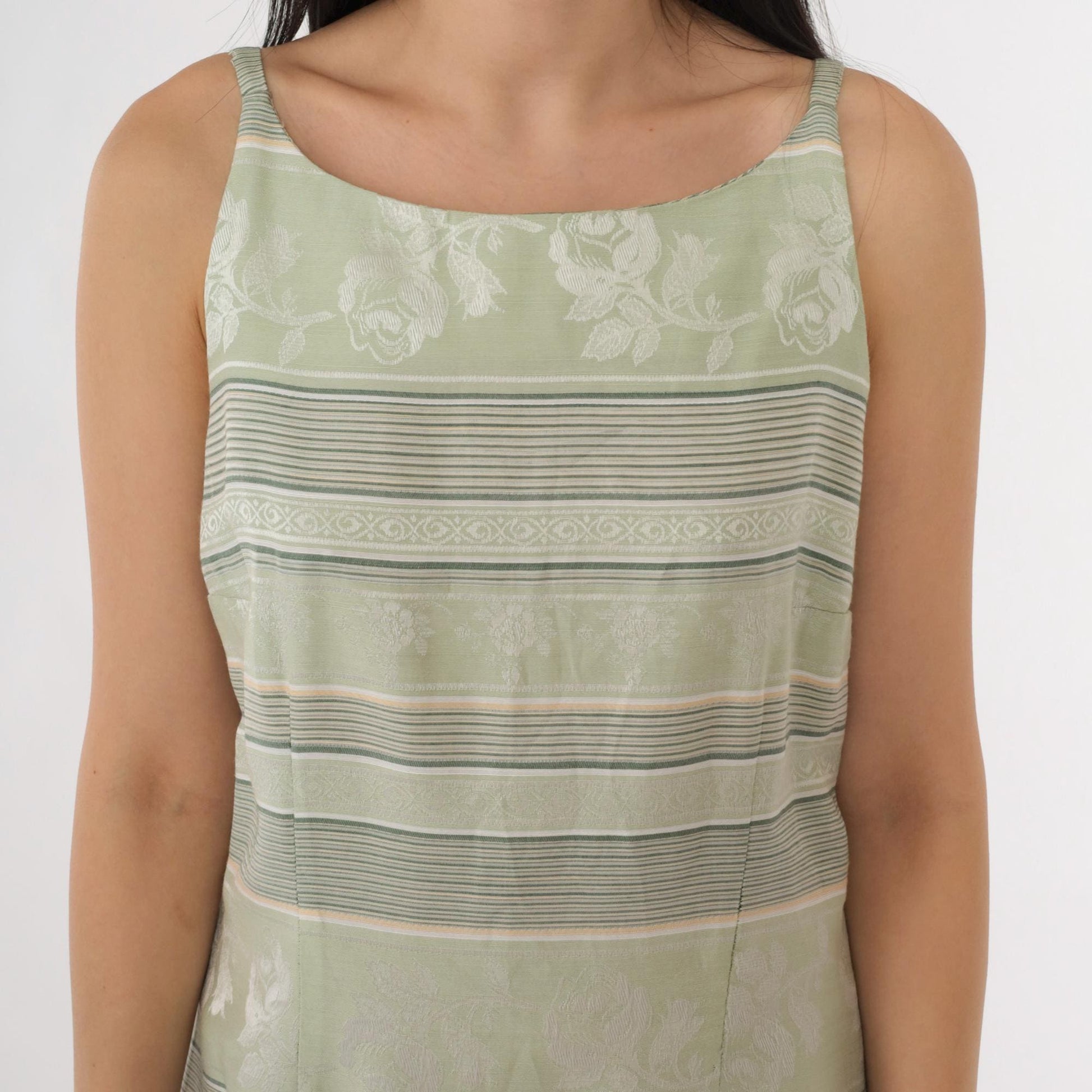Y2K Fashion Bug Jacquard Mini Dress Light Green Floral Striped Sheath Medium