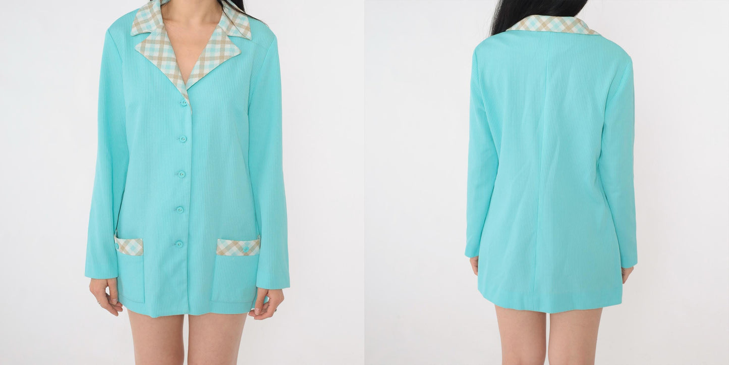 70s Aqua Blue Checkered Collar Blazer Button-Up Jacket Medium