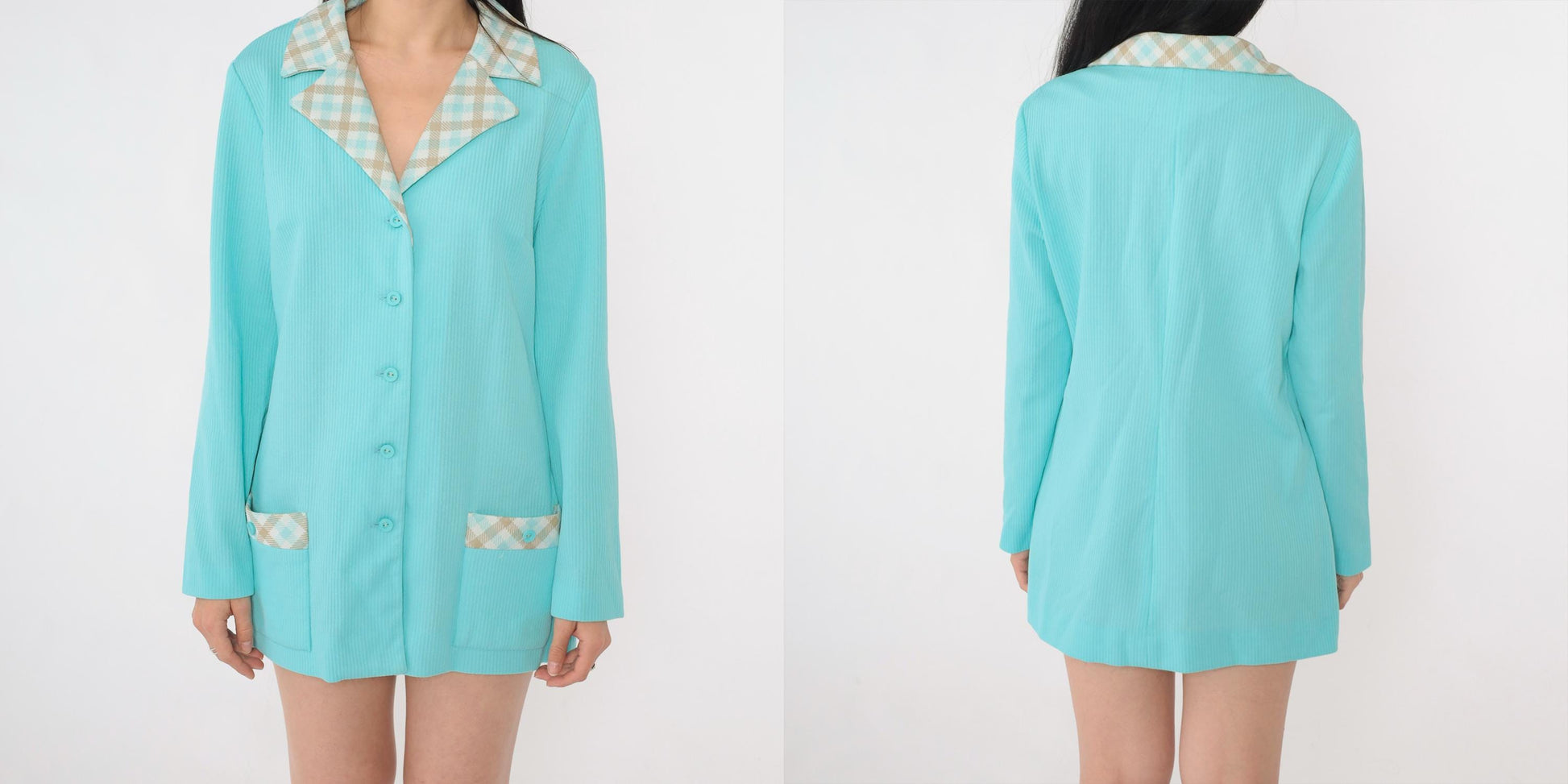 70s Aqua Blue Checkered Collar Blazer Button-Up Jacket Medium
