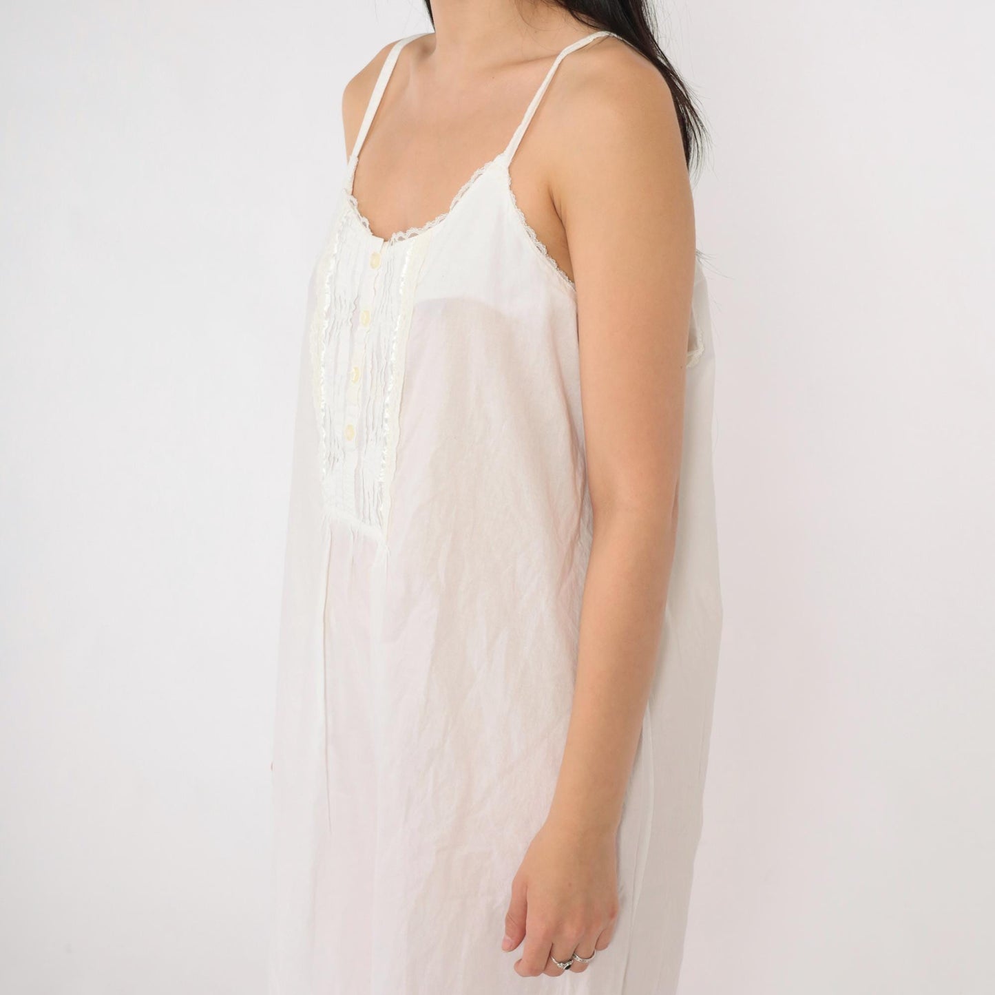 90s Laura Ashley White Cotton Nightgown Pintuck Lace Spaghetti Strap Large