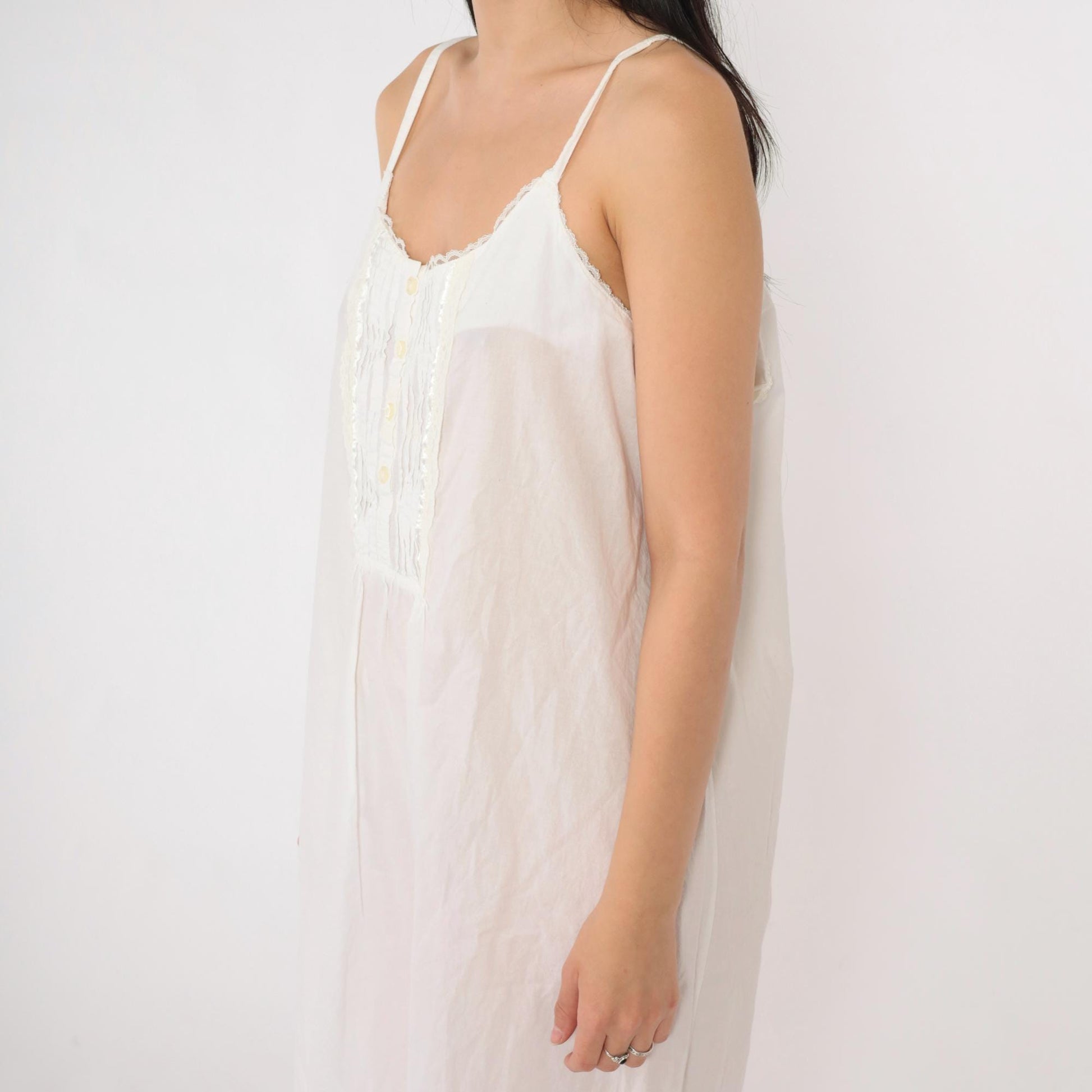 90s Laura Ashley White Cotton Nightgown Pintuck Lace Spaghetti Strap Large