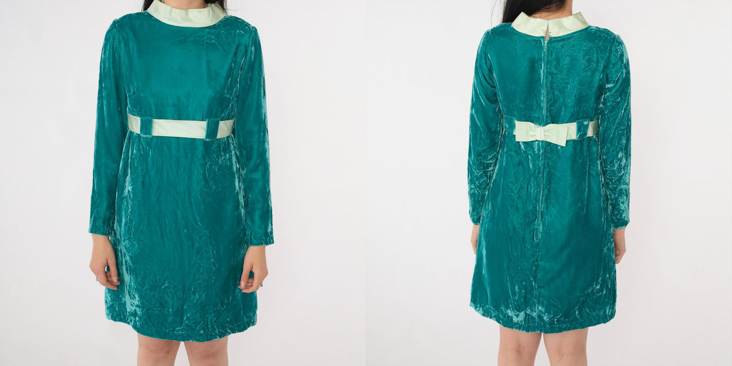 60s Teal Velvet Mini Dress Long Sleeve Empire Waist Bow Small