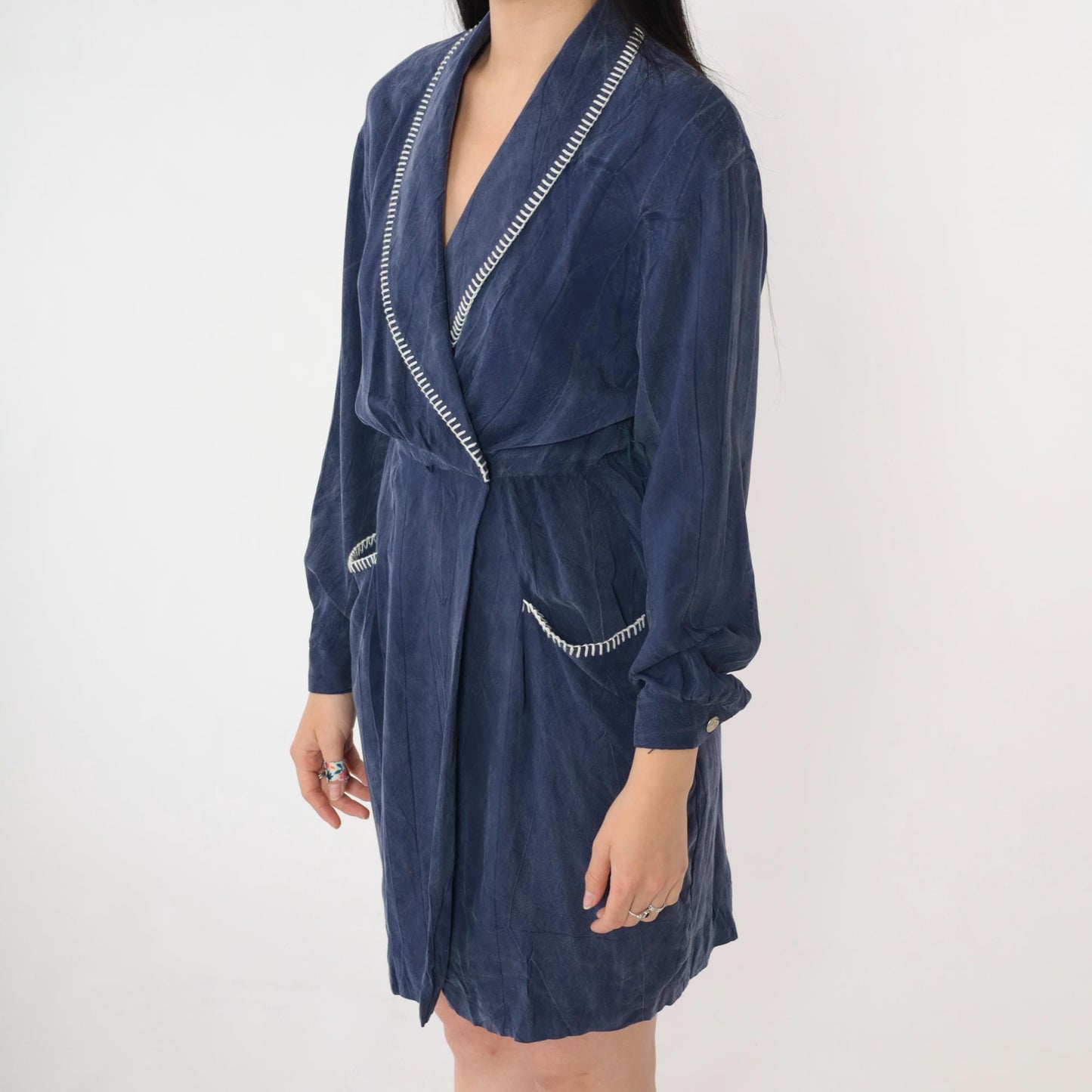 90s Petite Sophisticate Navy Faux Wrap Dress Rayon Shawl Collar Mini Small