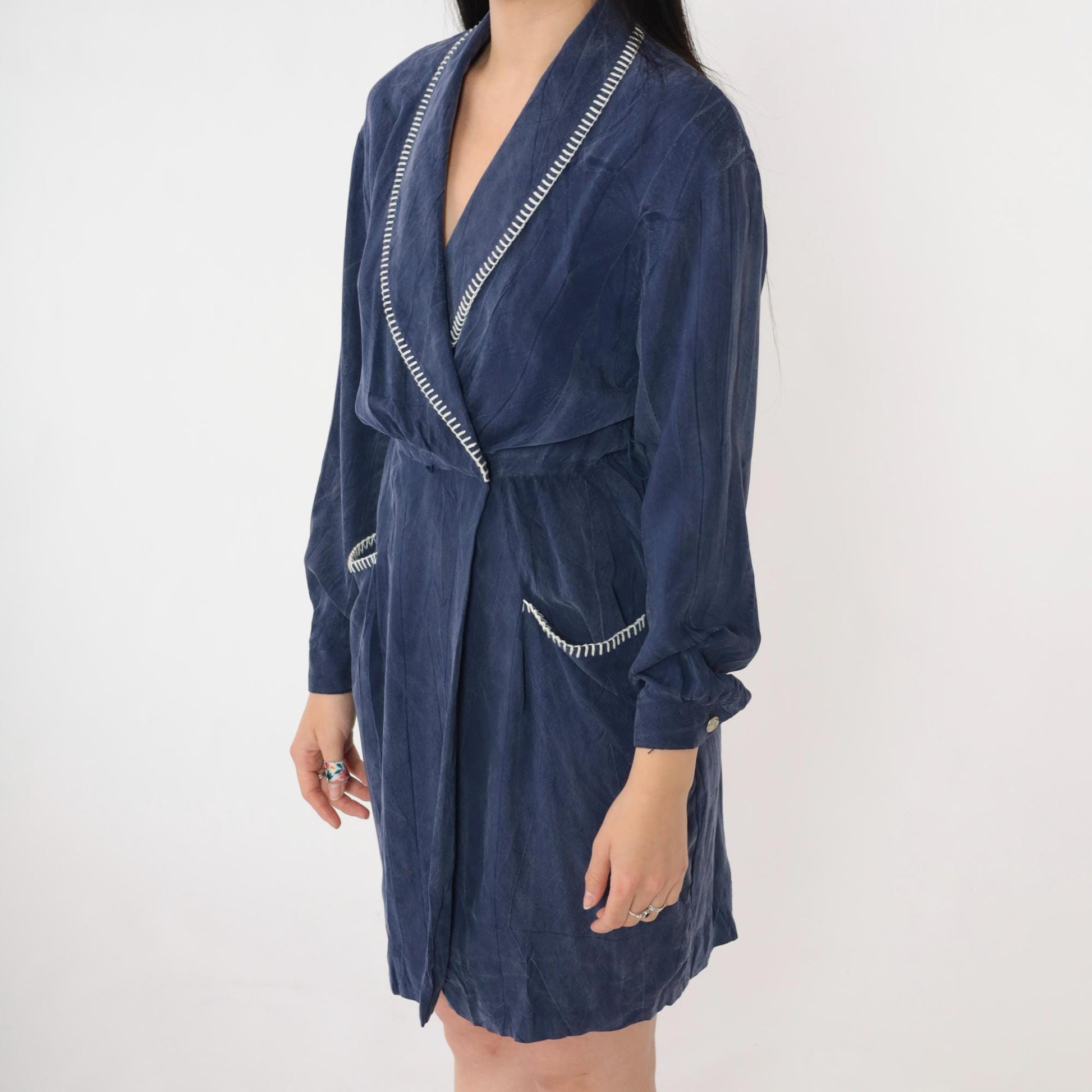 90s Petite Sophisticate Navy Faux Wrap Dress Rayon Shawl Collar Mini Small