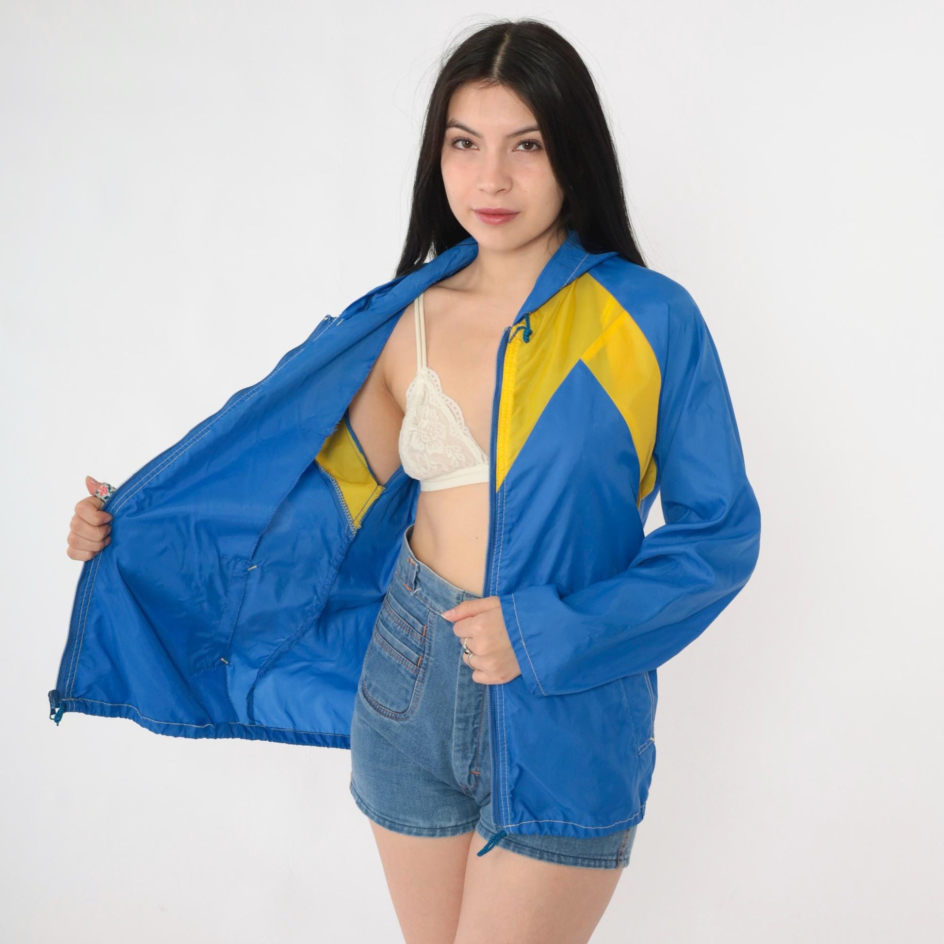 80s Blue Yellow Color Block Windbreaker Hooded Zip Jacket Medium