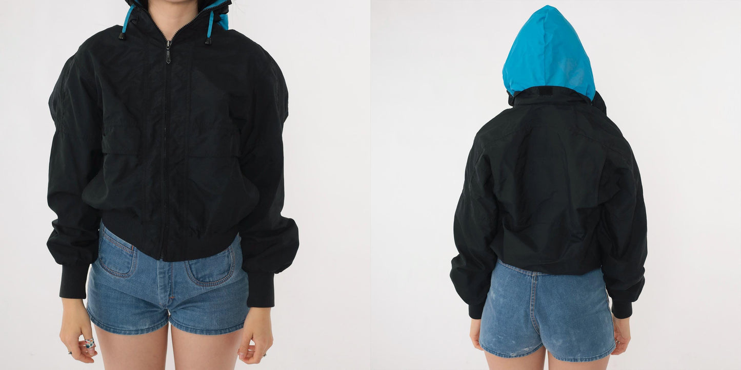 80s Pacific Trail Black Hooded Windbreaker Jacket Blue Trim Extra Small