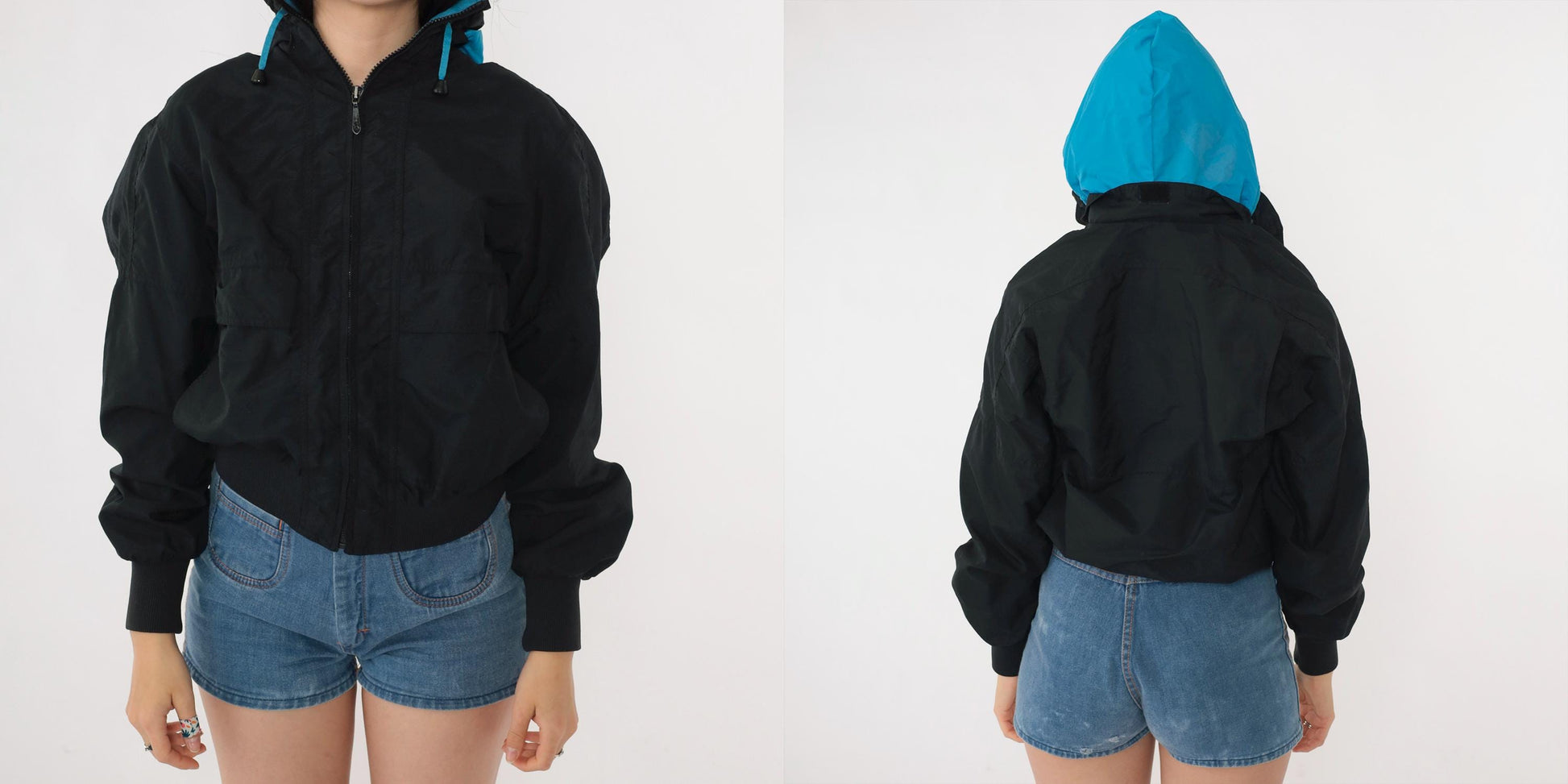 80s Pacific Trail Black Hooded Windbreaker Jacket Blue Trim Extra Small