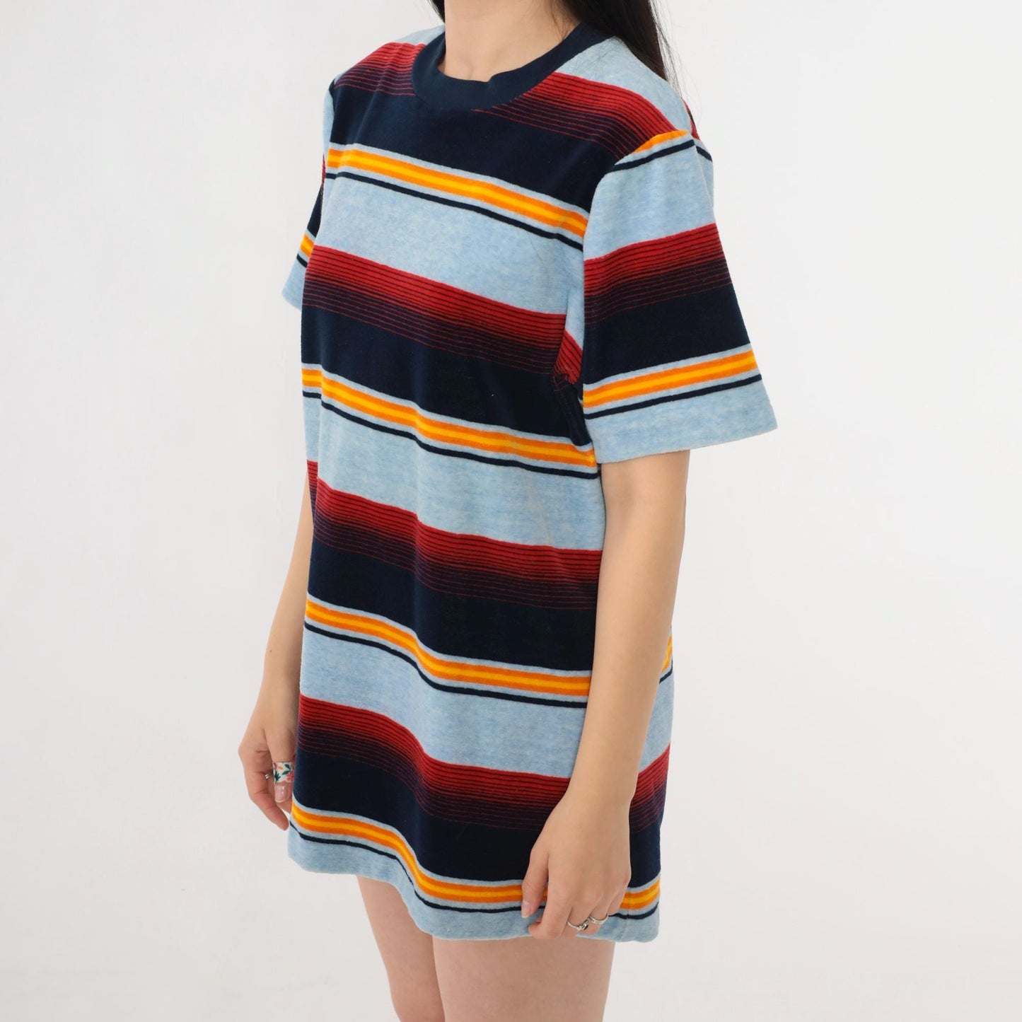 80s Baby Blue Velour Ringer Tee Multicolor Striped Crewneck Medium M