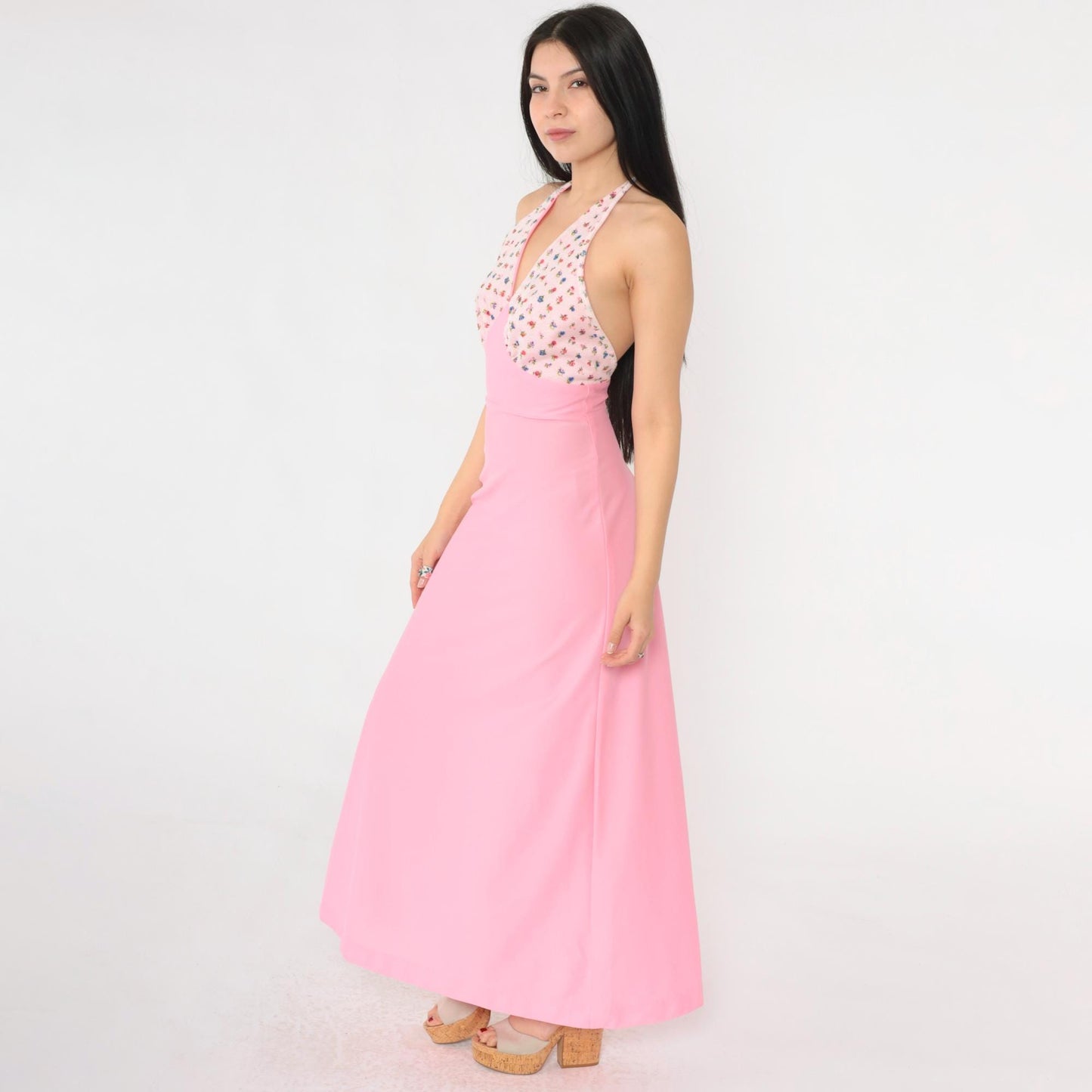 70s Pink Floral Halter Maxi Dress Empire Waist Open Back Extra Small