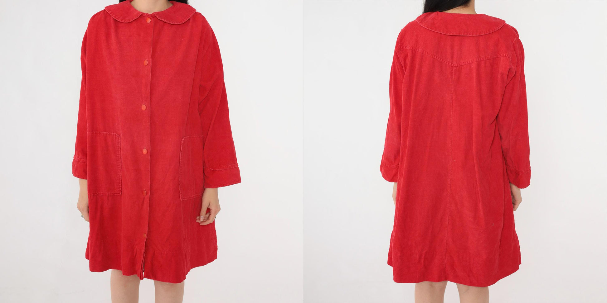 60s Red Corduroy Mini Dress Peter Pan Collar Button Front Shift Medium