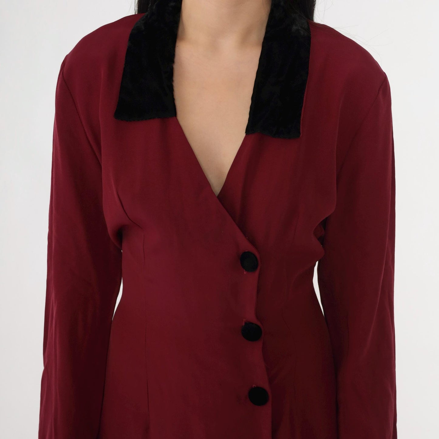 90s Burgundy Velvet Collar Mini Dress Button-Up Sheath Long Sleeve Small