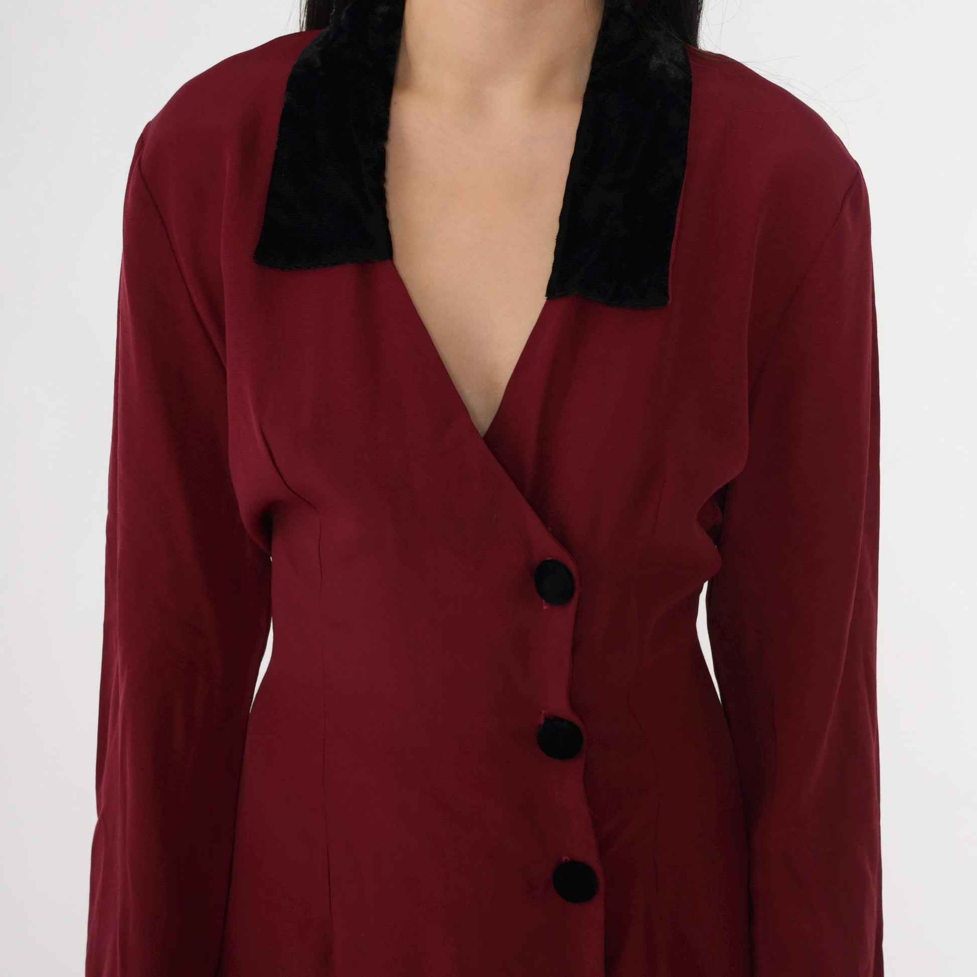 90s Burgundy Velvet Collar Mini Dress Button-Up Sheath Long Sleeve Small