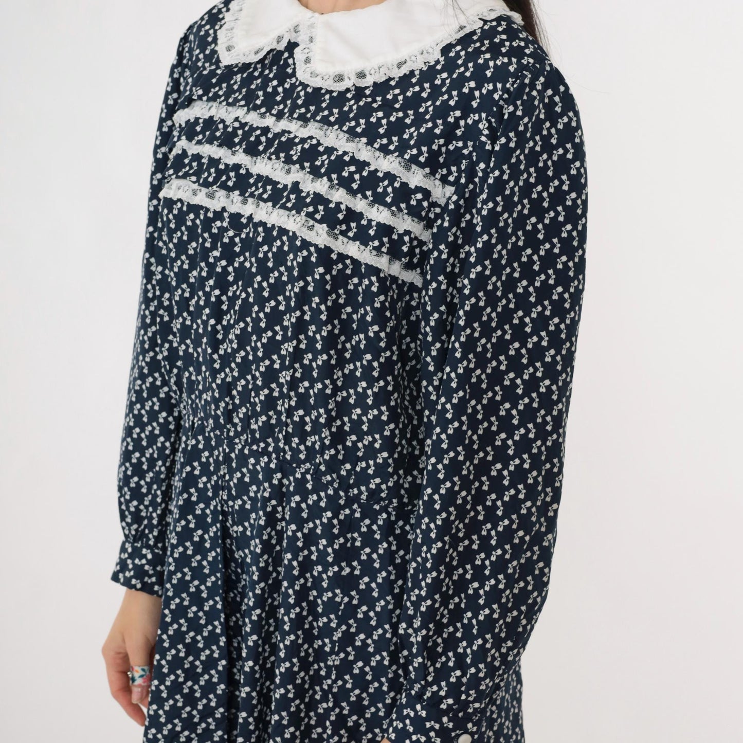 80s Navy Bow Print Midi Dress Peter Pan Collar Lace Trim Long Sleeve Medium Large