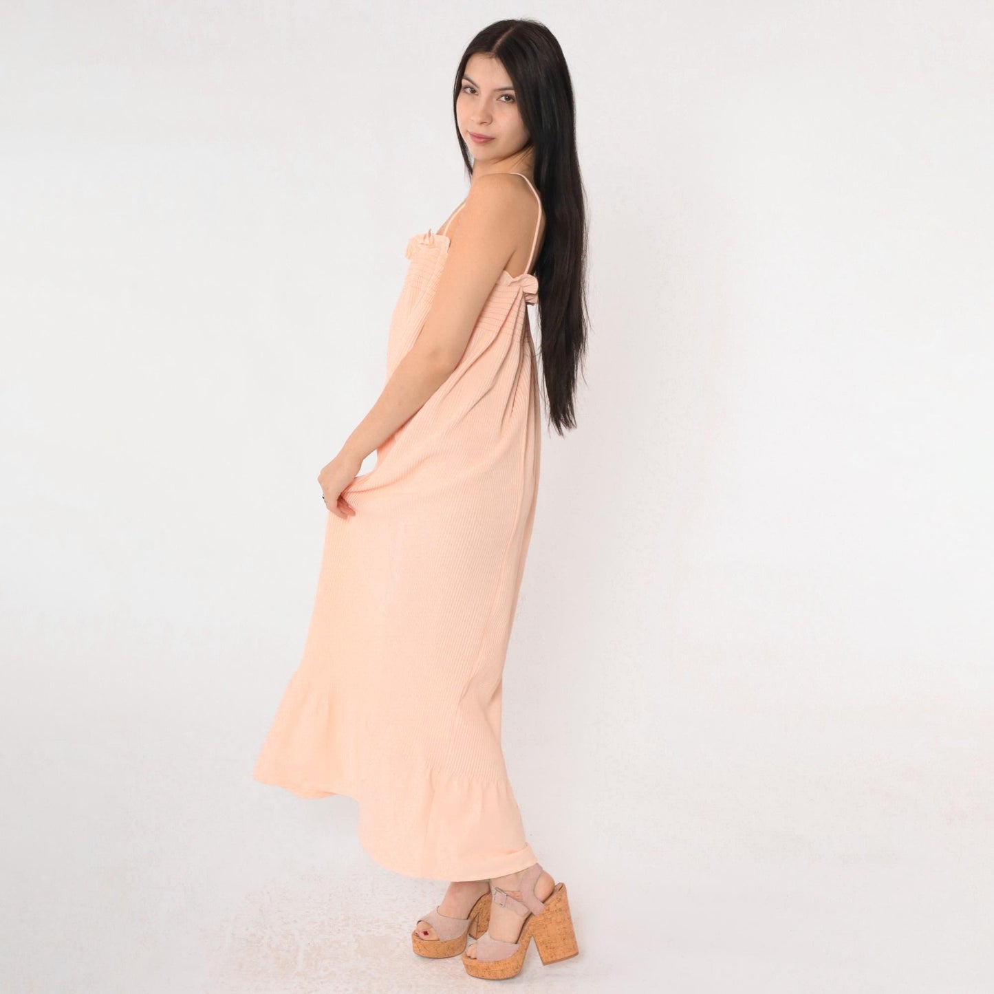 70s Peach Maxi Sundress Smocked Knife Pleated Spaghetti Strap Small Medium