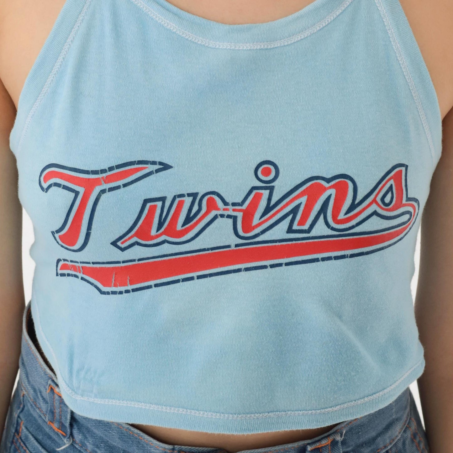 80s Twins Baseball Halter Crop Top Baby Blue Backless Medium M