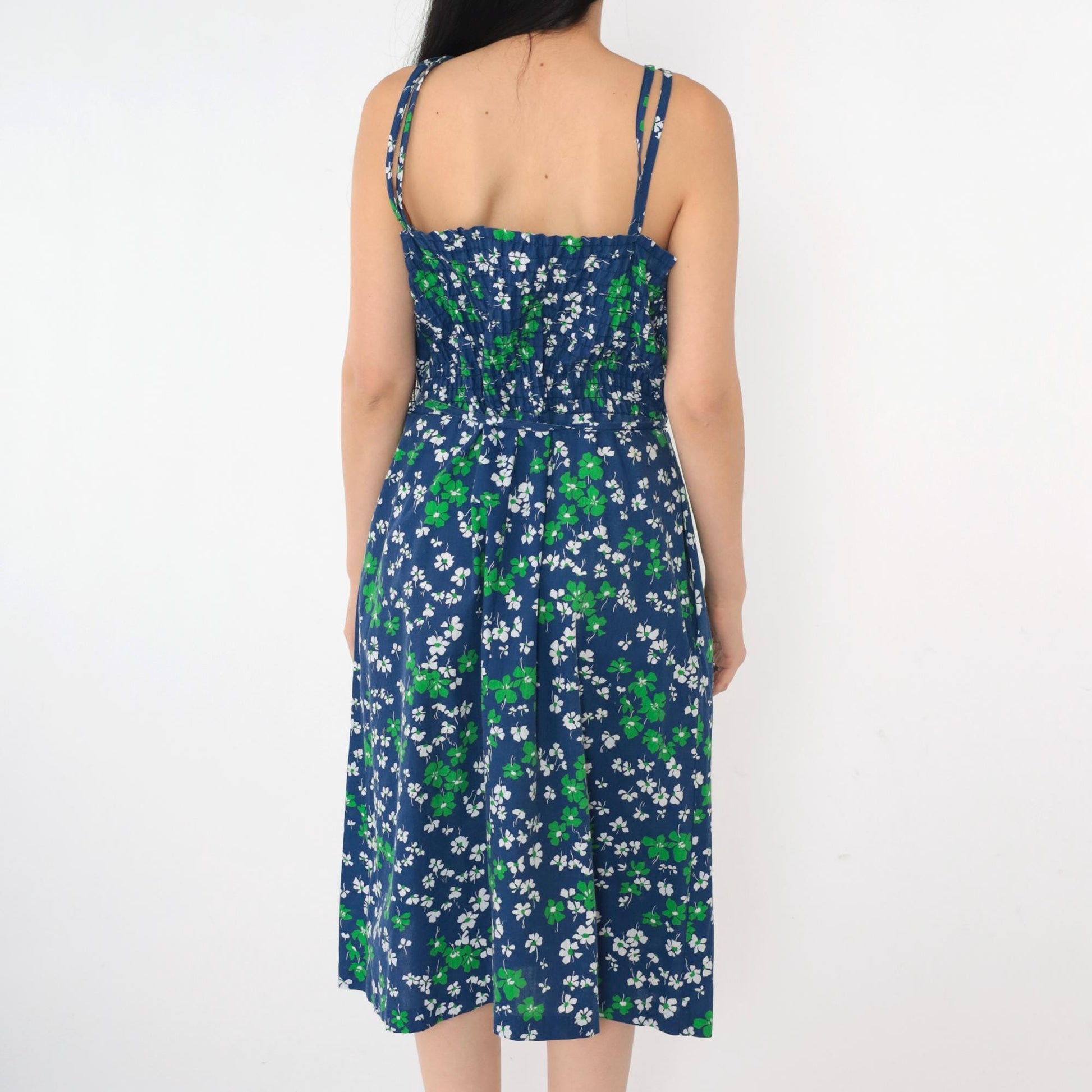 70s Blue Floral Midi Sundress Smocked High Waist Spaghetti Straps Medium