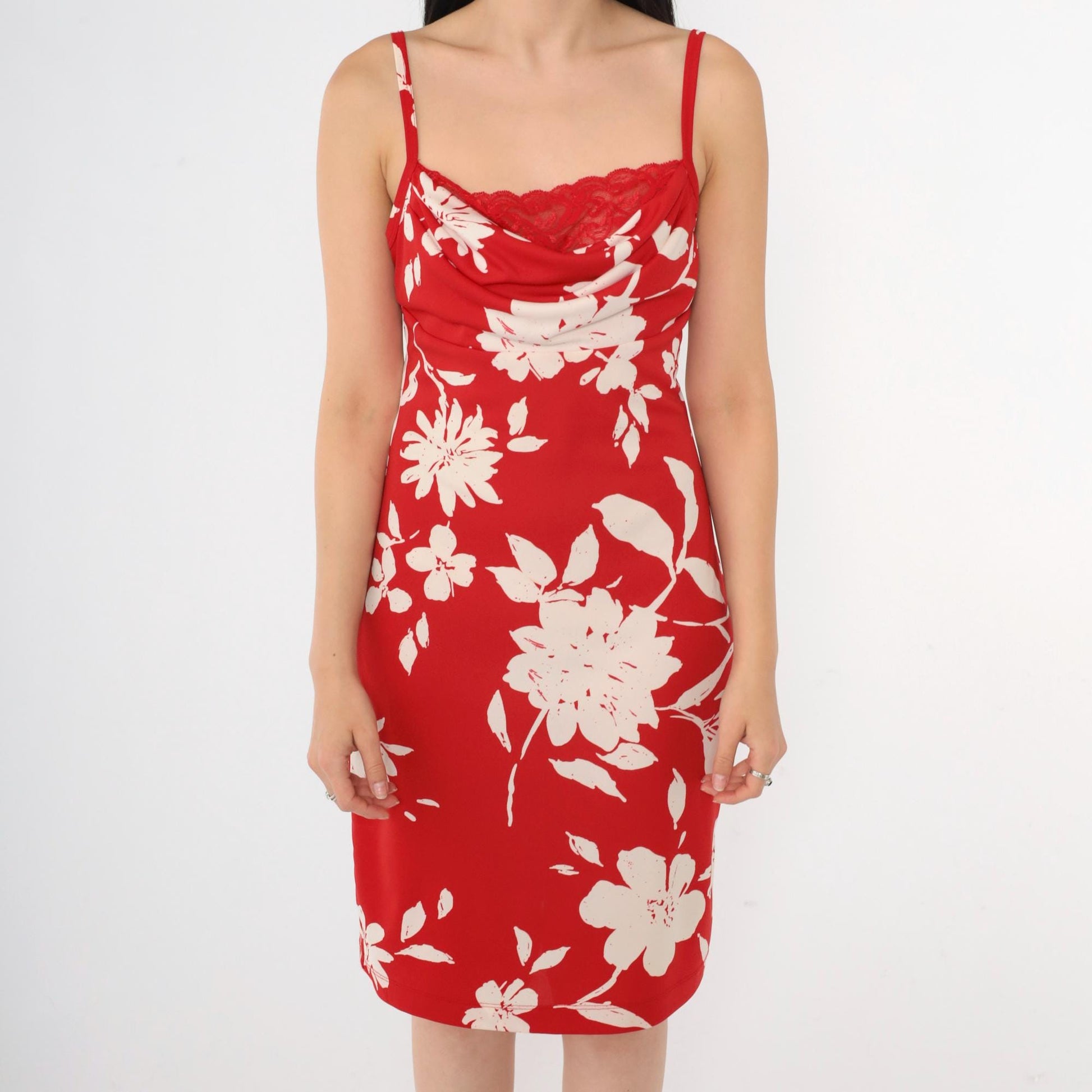 Y2K Red Floral Midi Dress Cowl Neck Lace Bust Spaghetti Strap Small