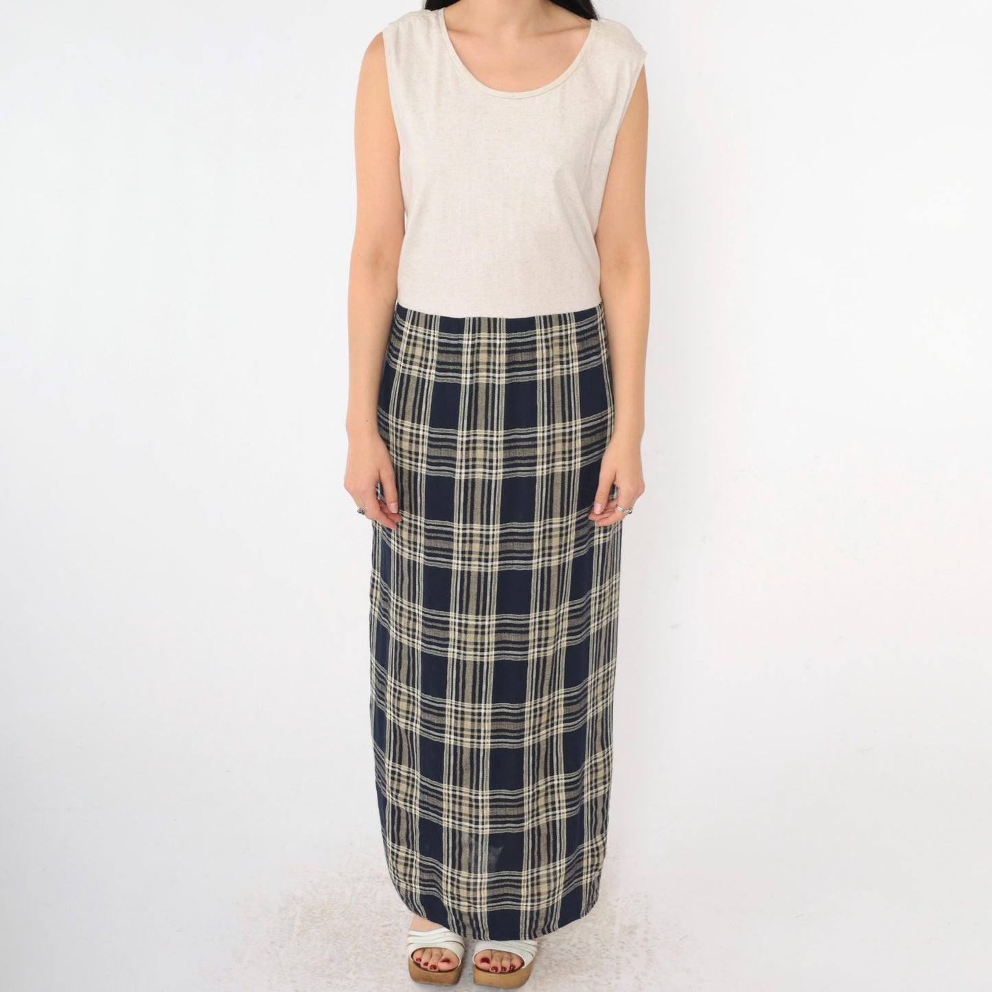 90s Jessica Howard Navy Checkered Maxi Dress Beige Bodice Drop Waist Medium Large