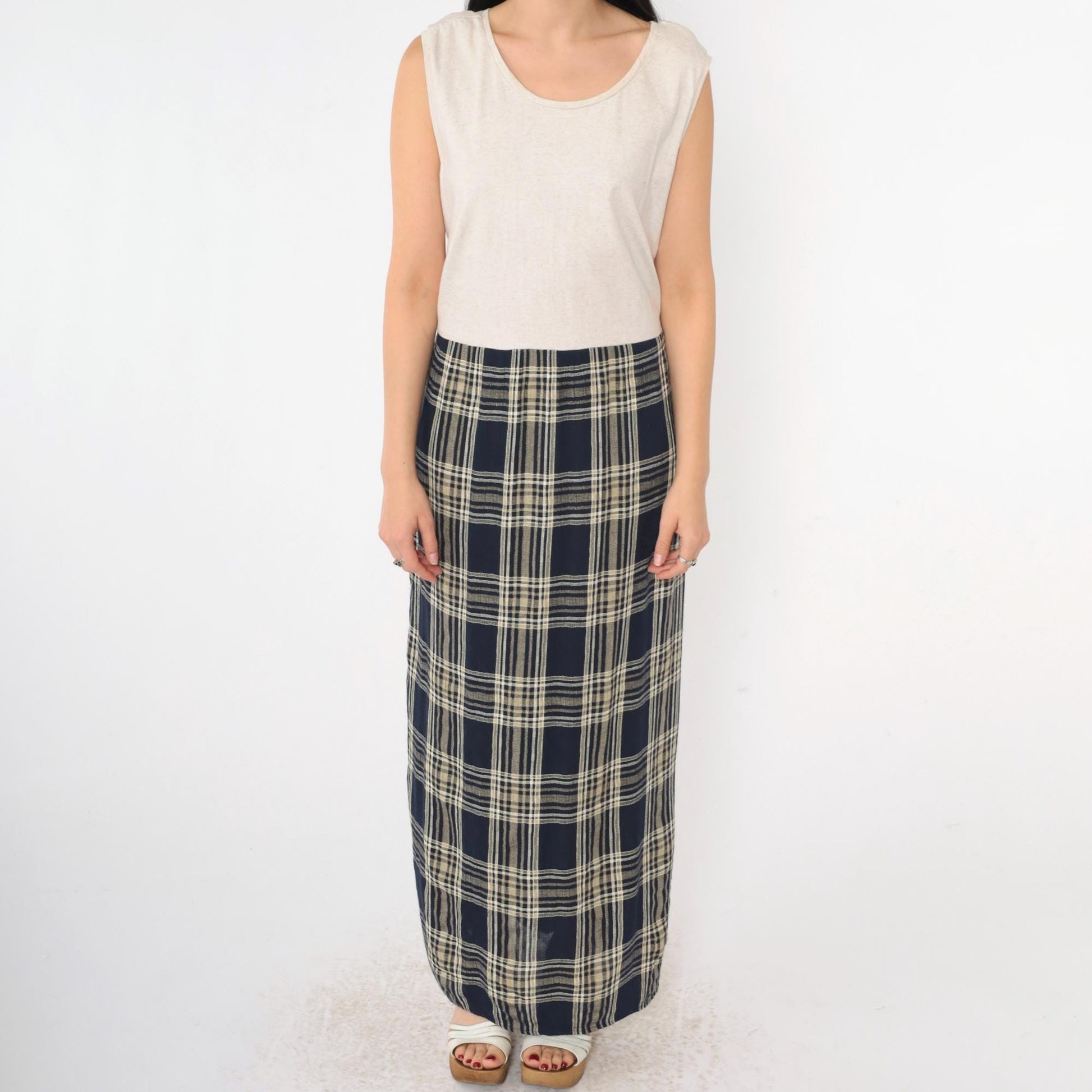 90s Jessica Howard Navy Checkered Maxi Dress Beige Bodice Drop Waist Medium Large