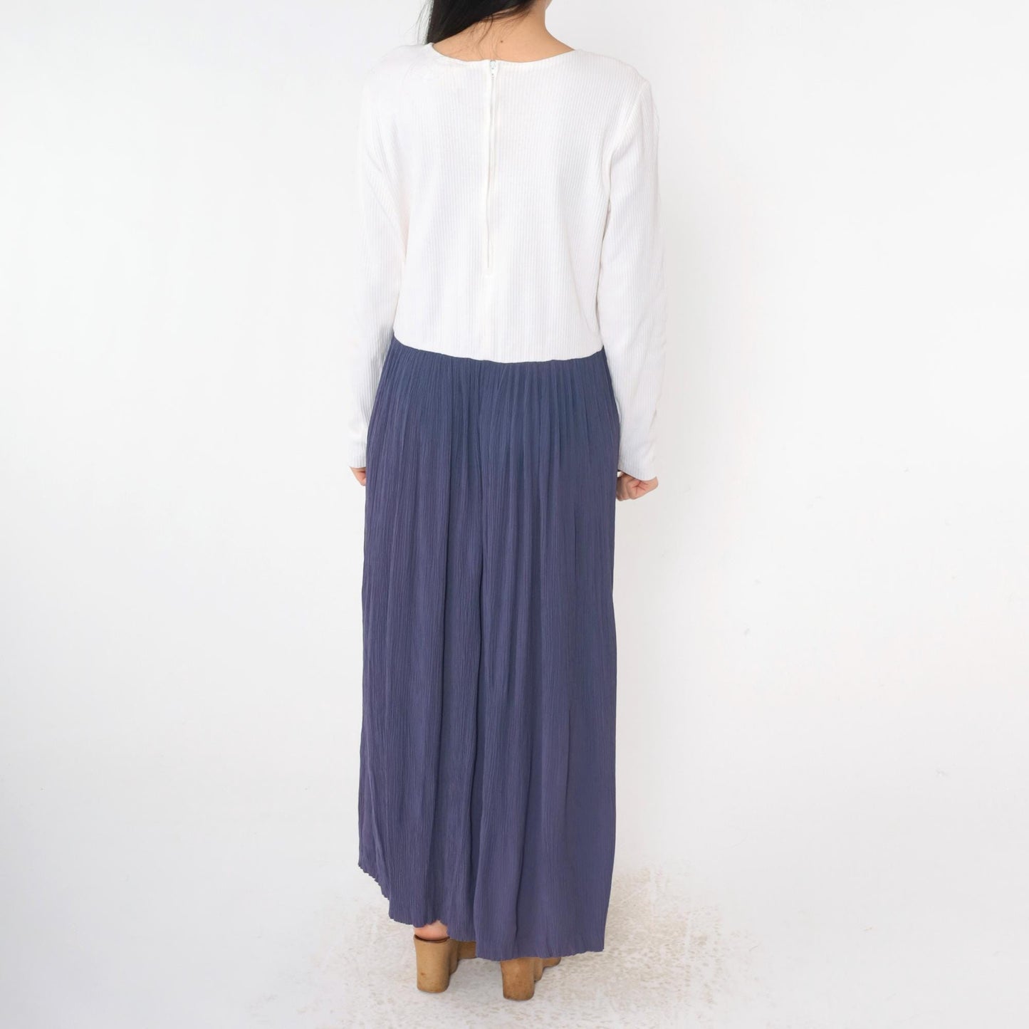 90s Two Tone Maxi Dress Blue White Long Sleeve Low Waist Large 12