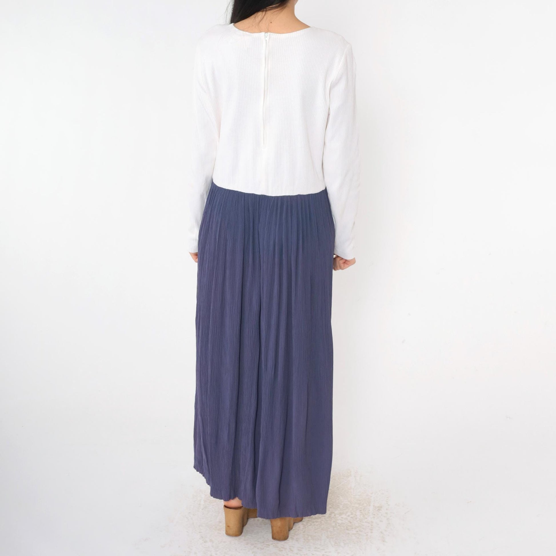 90s Two Tone Maxi Dress Blue White Long Sleeve Low Waist Large 12