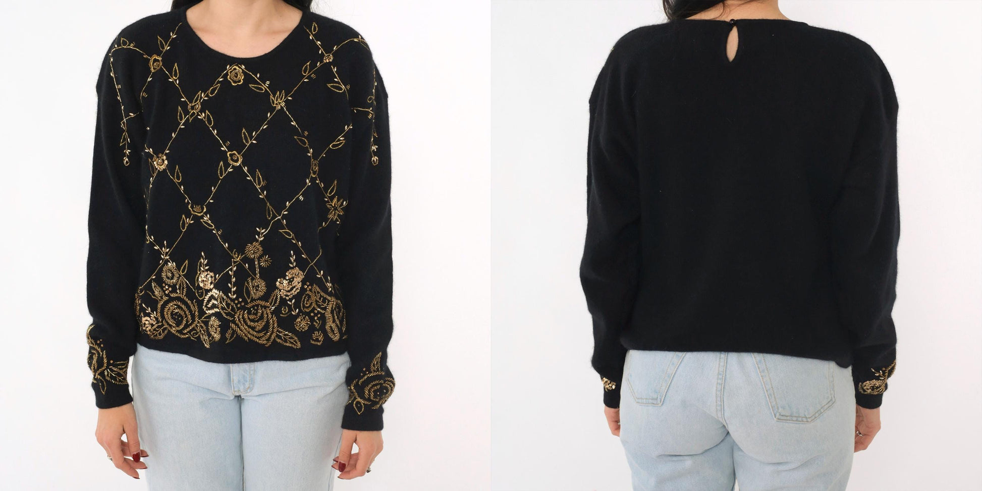 80s Cervelle Black Sequin Wool Angora Sweater Gold Floral Beaded Medium M