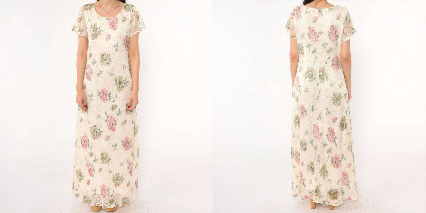 90s Ronni Nicole Cream Lace Maxi Dress Floral Print Short Sleeve Medium