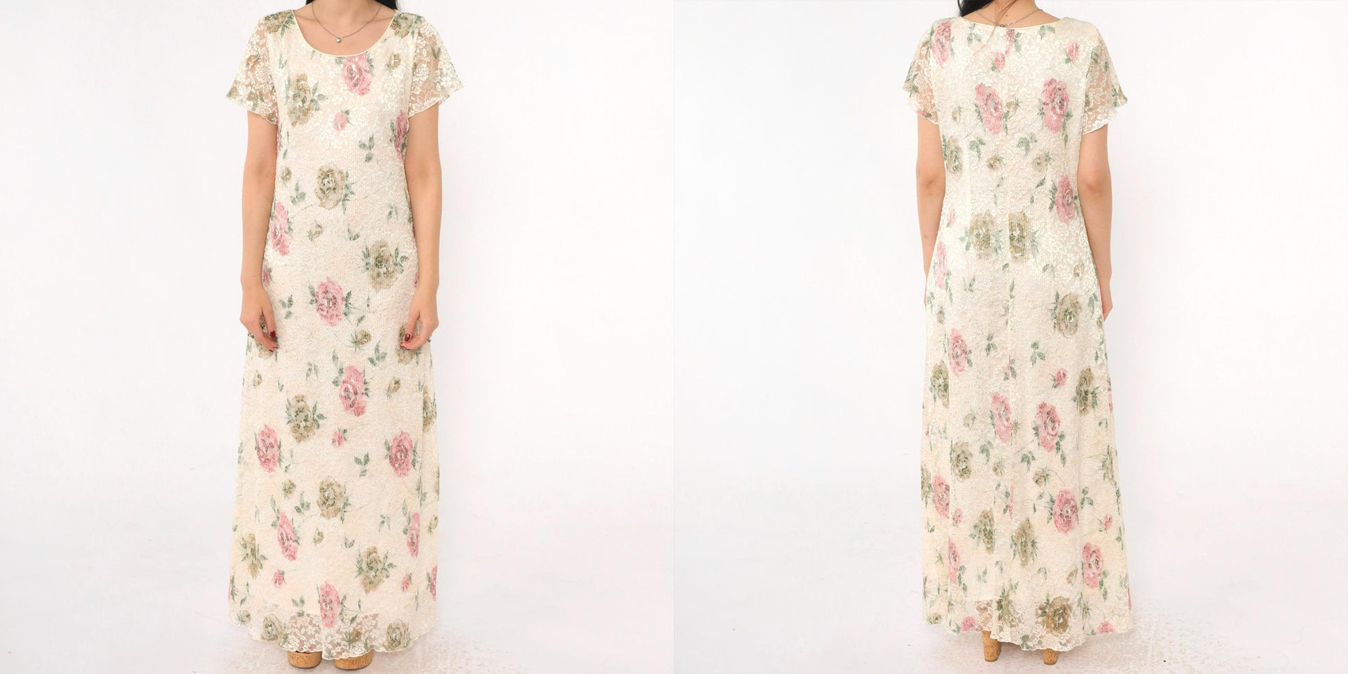 90s Ronni Nicole Cream Lace Maxi Dress Floral Print Short Sleeve Medium