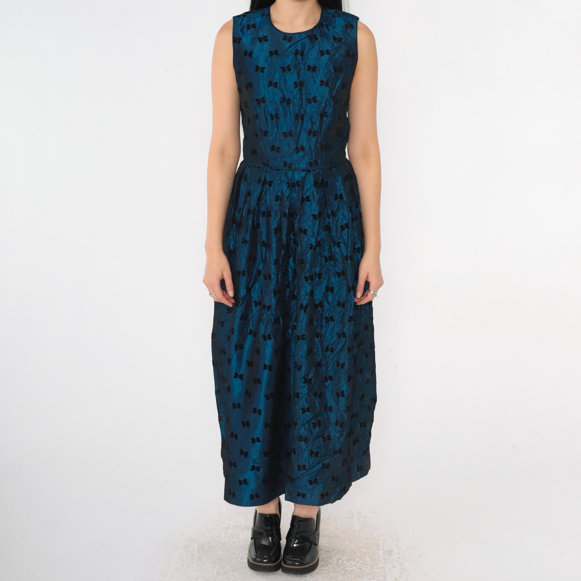 90s Susan Bristol Blue Taffeta Bow Print Midi Party Dress Extra Small