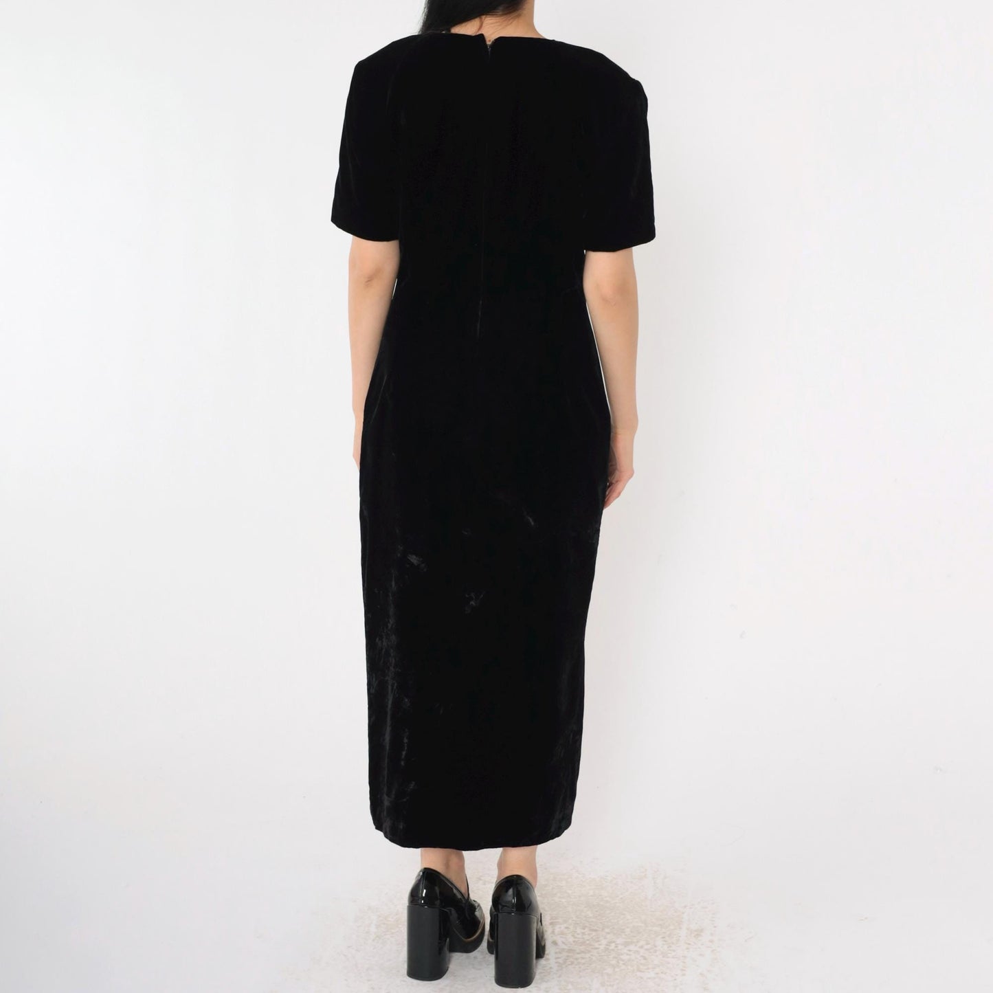 90s Talbots Black Velvet V-Neck Midi Dress Frog Closures Small 6