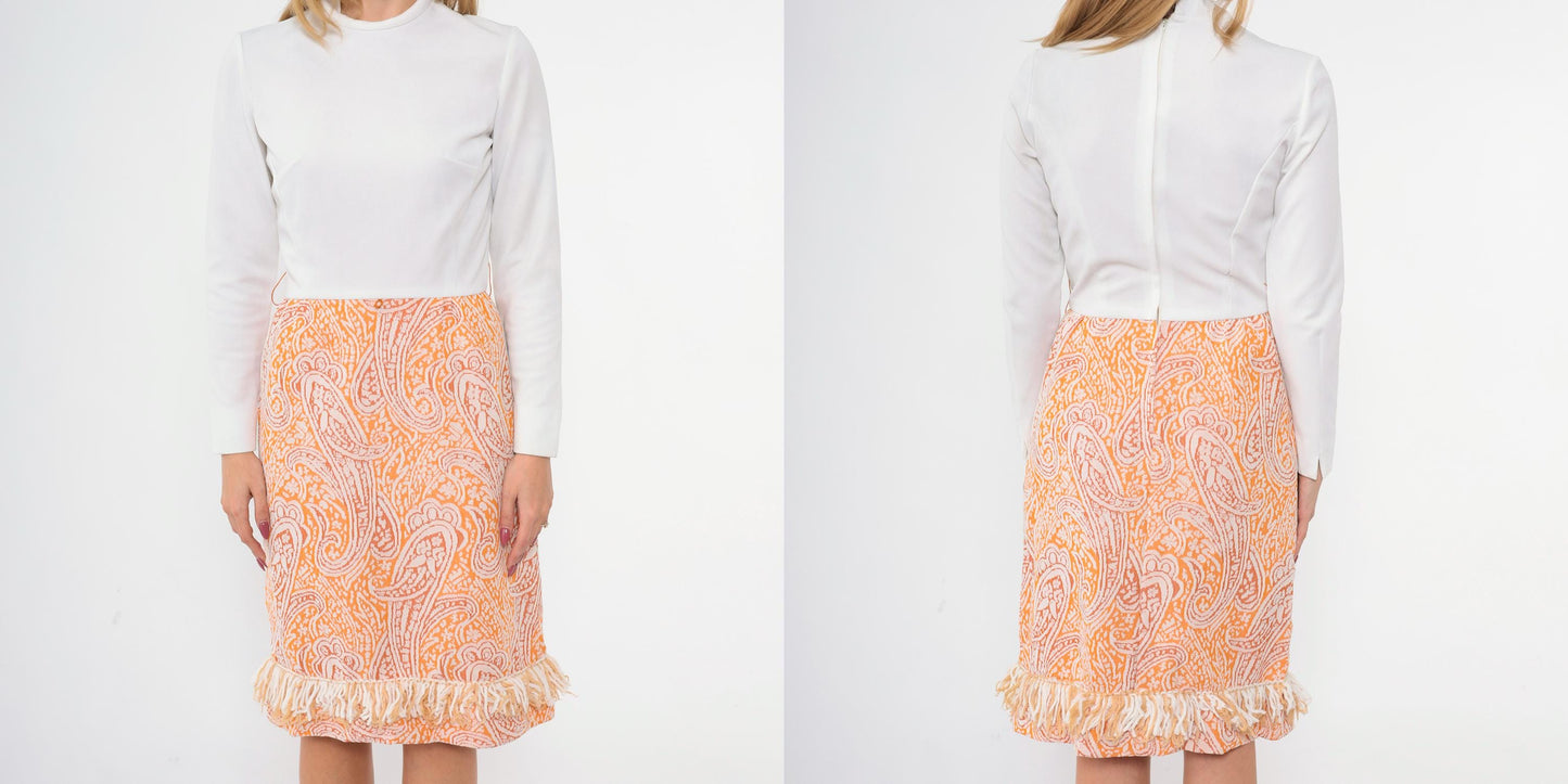 60s Paisley Dress with Matching Fringe Scarf Mock Neck Orange White Extra Small