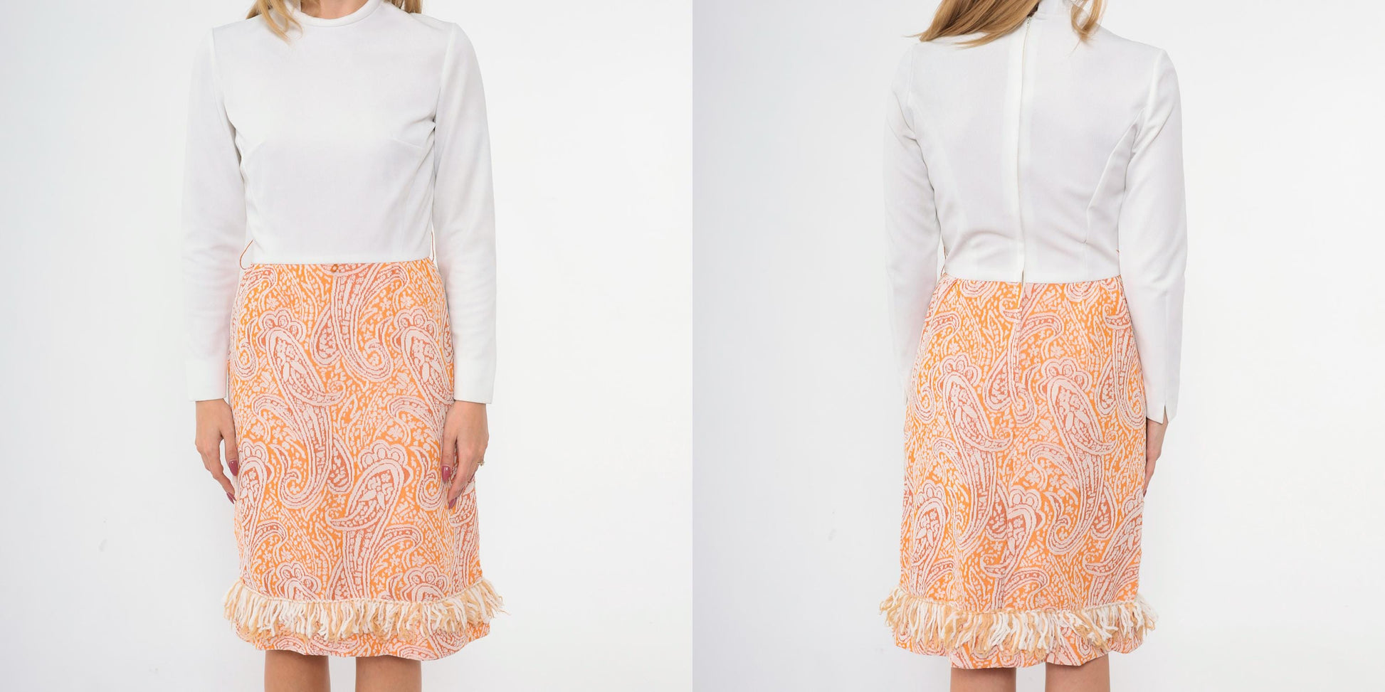 60s Paisley Dress with Matching Fringe Scarf Mock Neck Orange White Extra Small