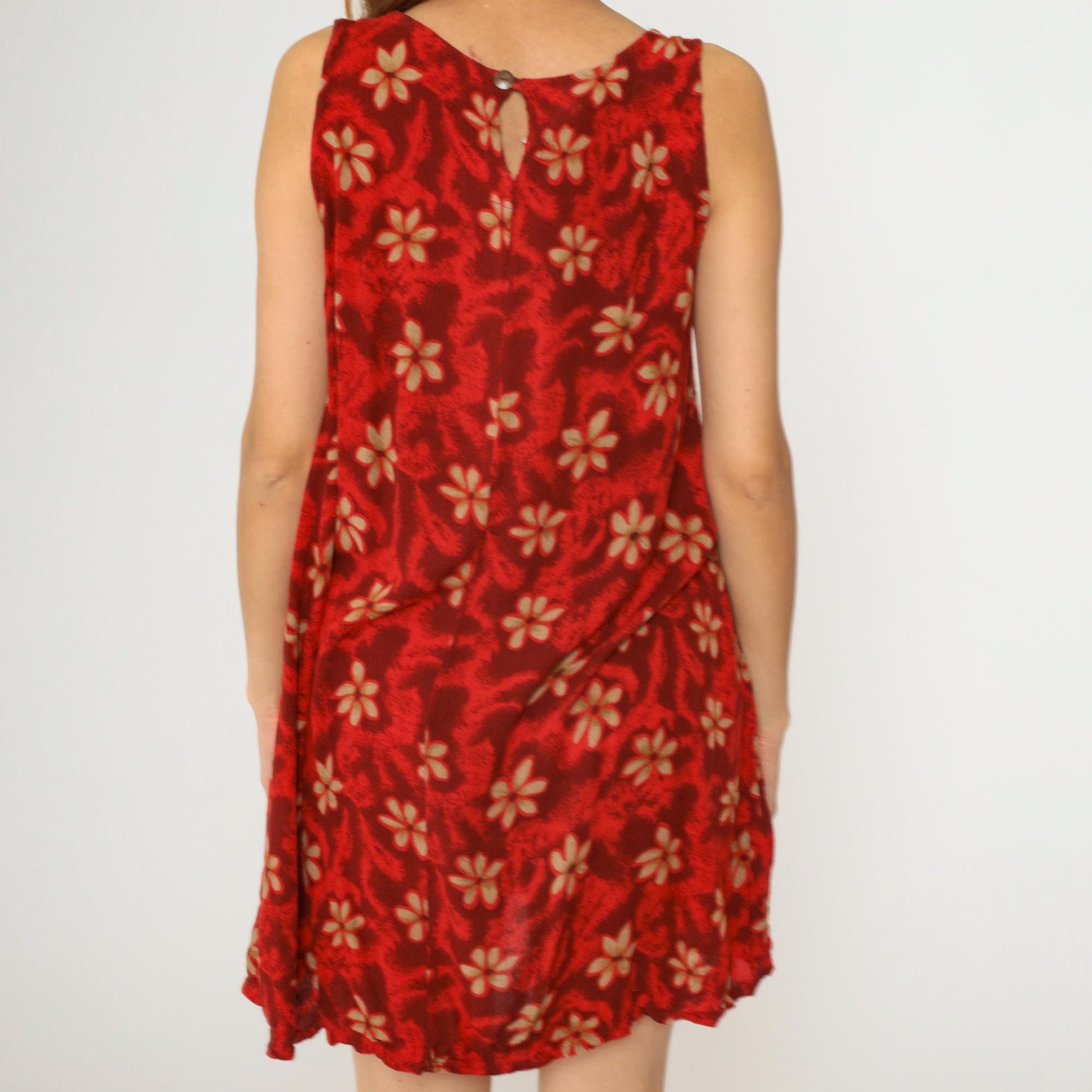90s Red Floral Hawaiian Mini Dress Sleeveless A-Line Sundress Small