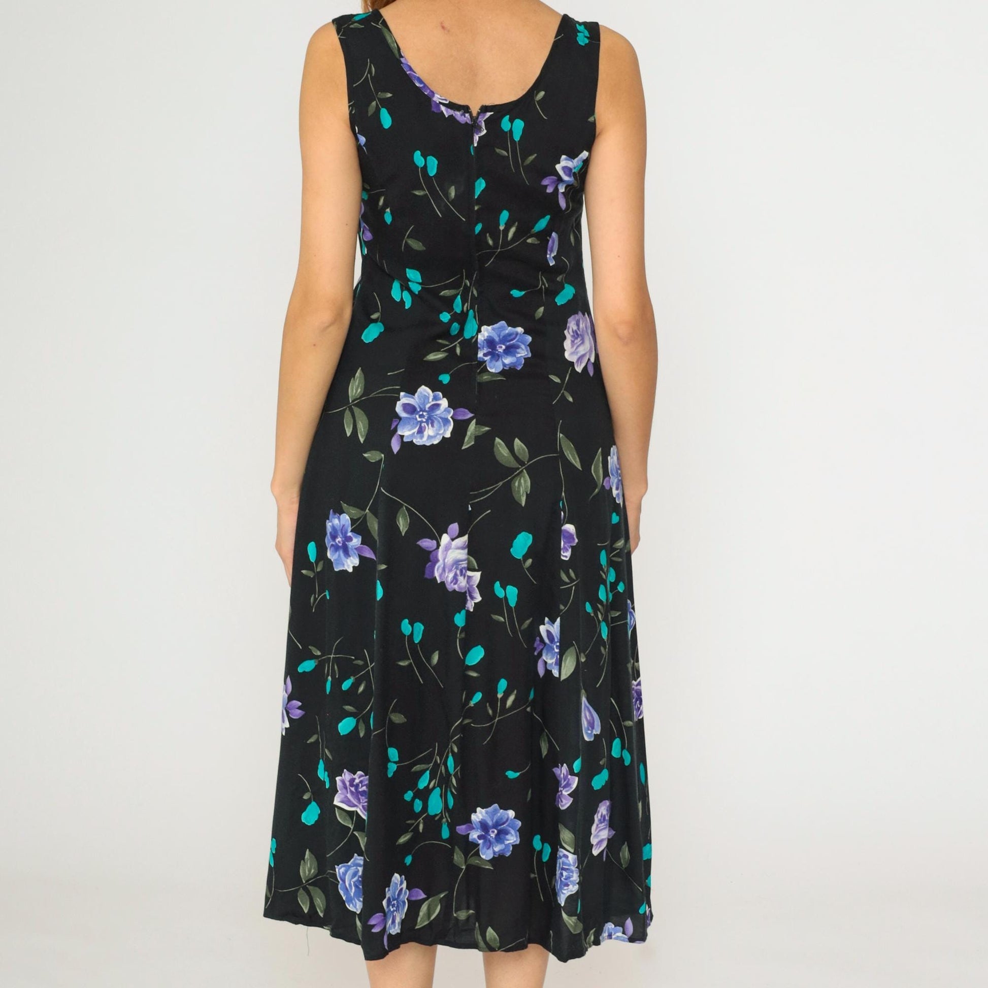 90s Black Floral Midi Dress A-Line Sleeveless Princess Seam Small