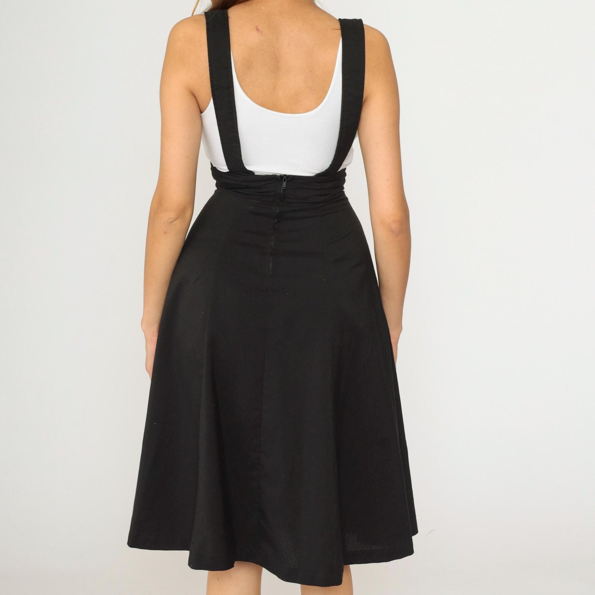 Y2K Black A-Line Midi Skirt with Suspender Straps High Waist 00s Extra Small