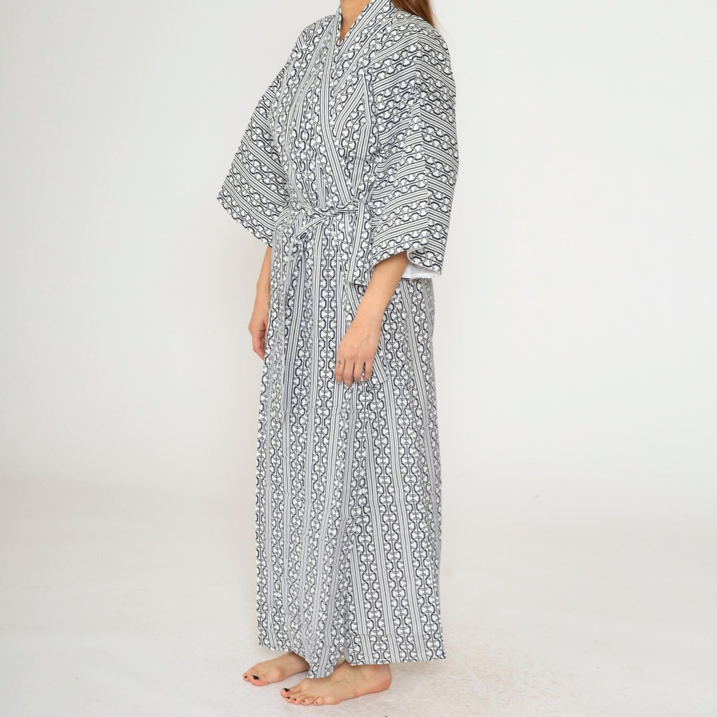 70s Kimono Maxi Robe White Blue Geometric Striped Print Open Front Medium Large