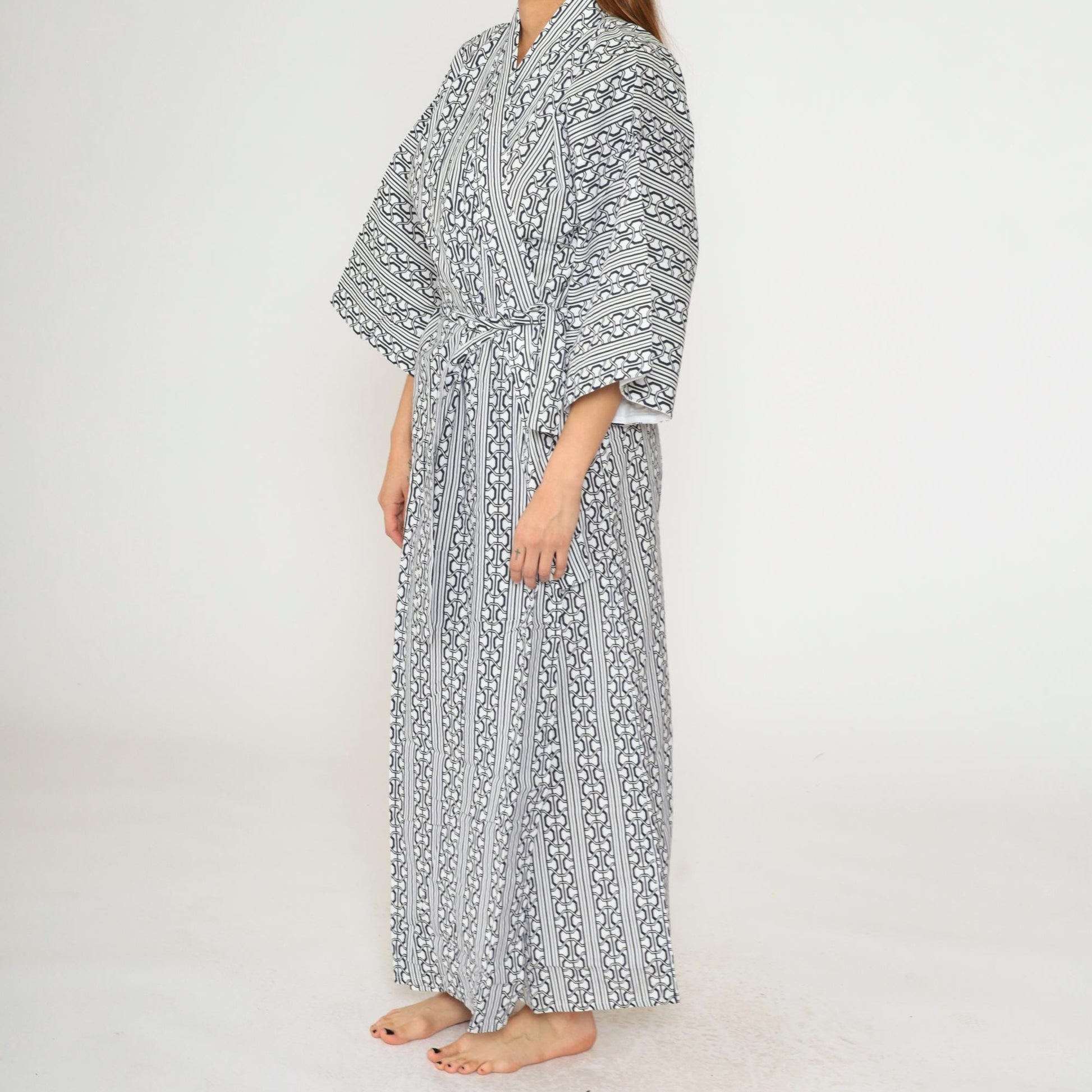 70s Kimono Maxi Robe White Blue Geometric Striped Print Open Front Medium Large