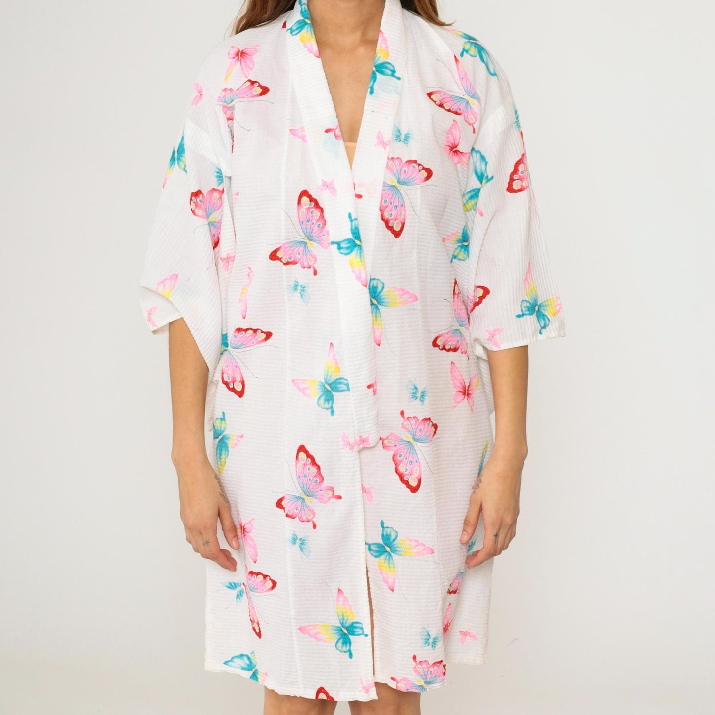 70s Butterfly Kimono Robe White Open Front Half-Sleeve Dressing Gown Small